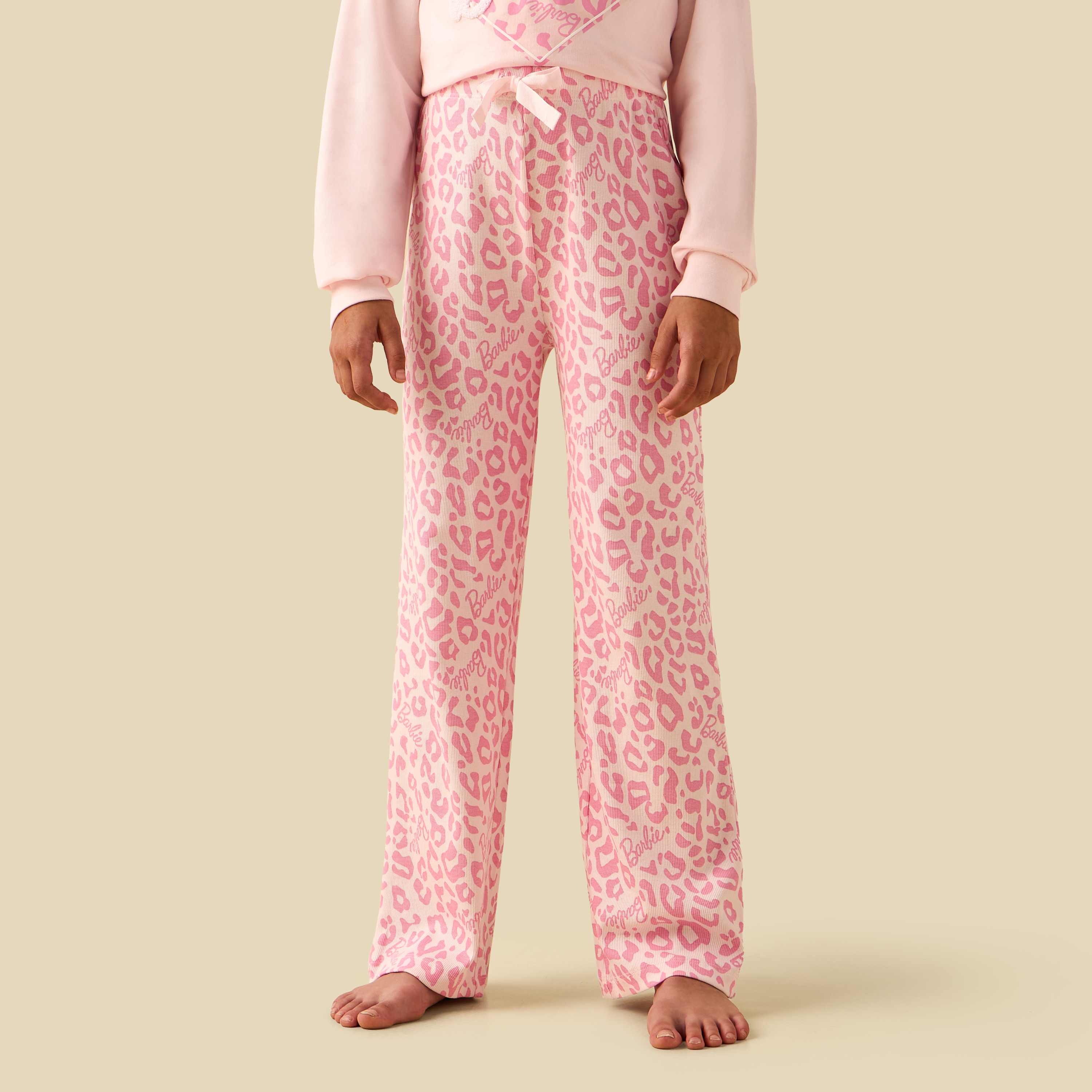 Cotton Crew Neck Long Sleeves Pyjama Set with Barbie Print-girls-clothing-winterwear-pyjamasets-image-2