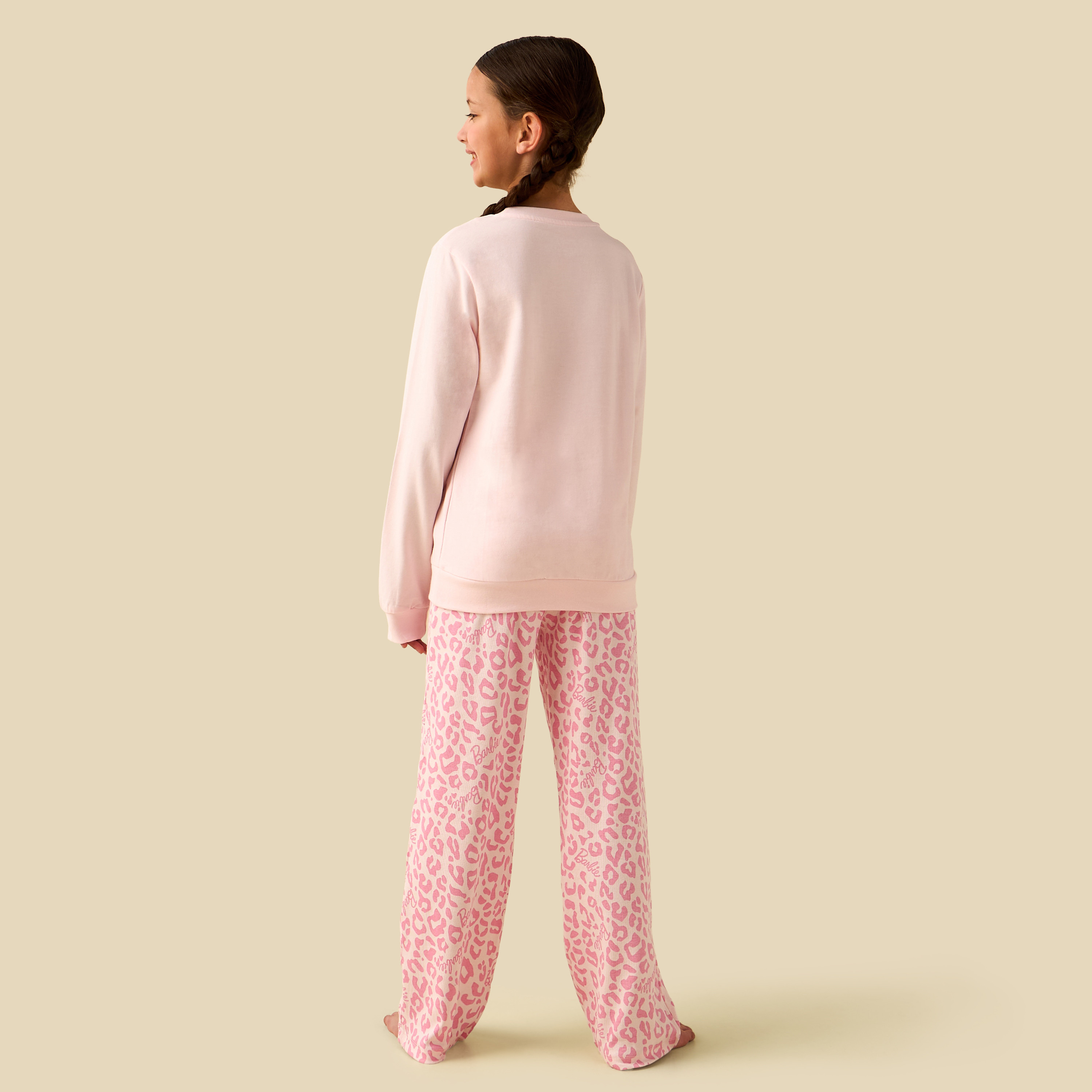 Cotton Crew Neck Long Sleeves Pyjama Set with Barbie Print-girls-clothing-winterwear-pyjamasets-image-3