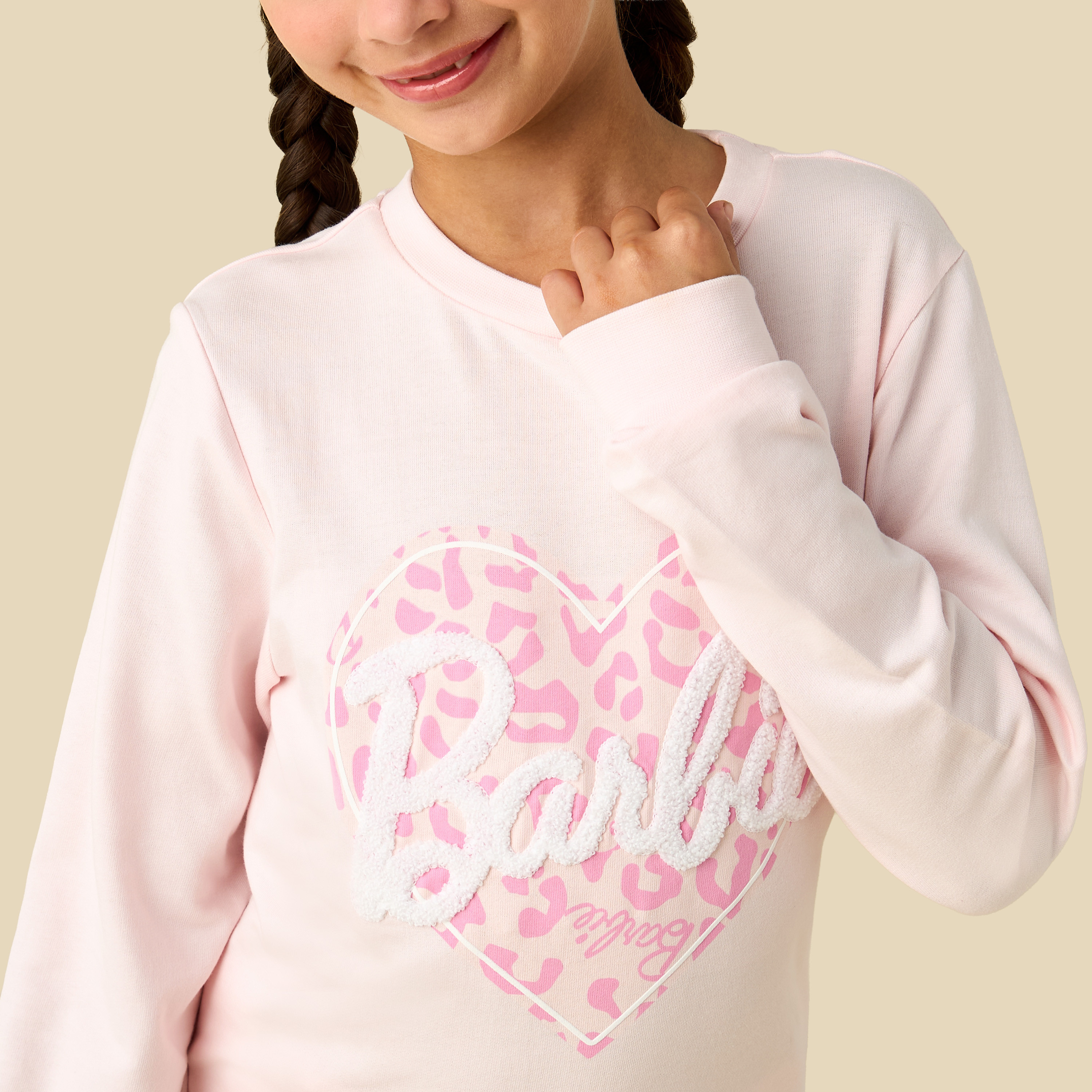 Cotton Crew Neck Long Sleeves Pyjama Set with Barbie Print-girls-clothing-winterwear-pyjamasets-image-4