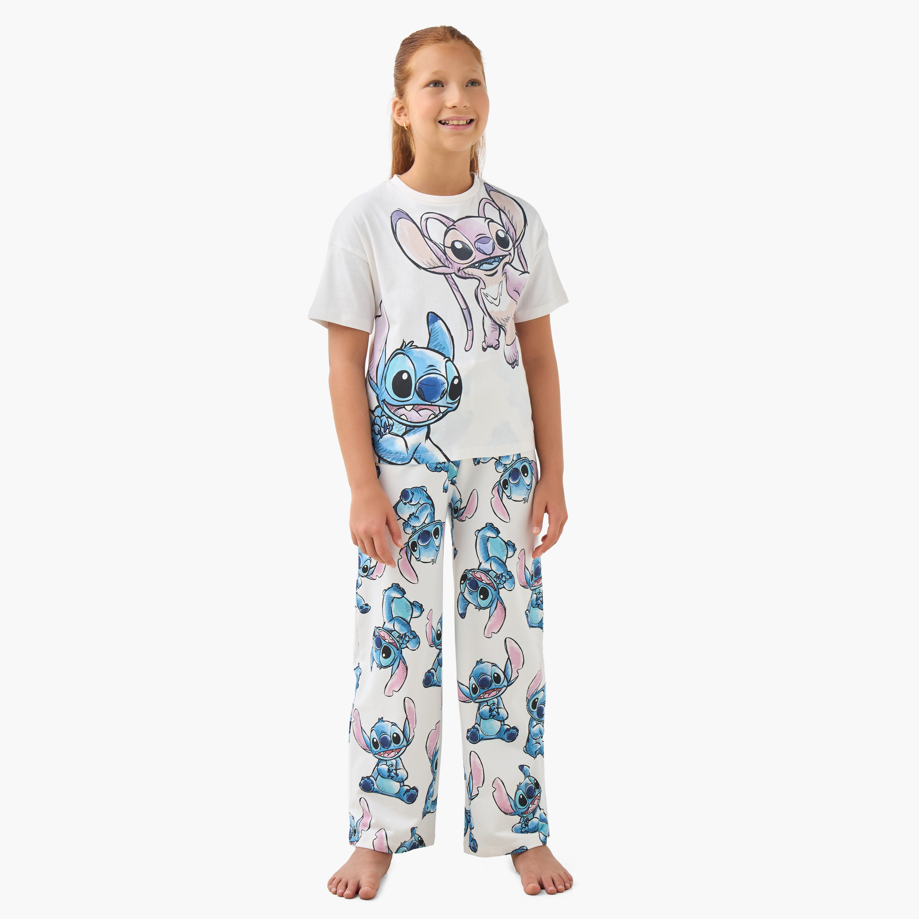 Disney Girls Pyjama Set with Stitch and Angel Print - Cotton - Short Sleeves - Crew Neck-girls-clothing-nightwear-image-1