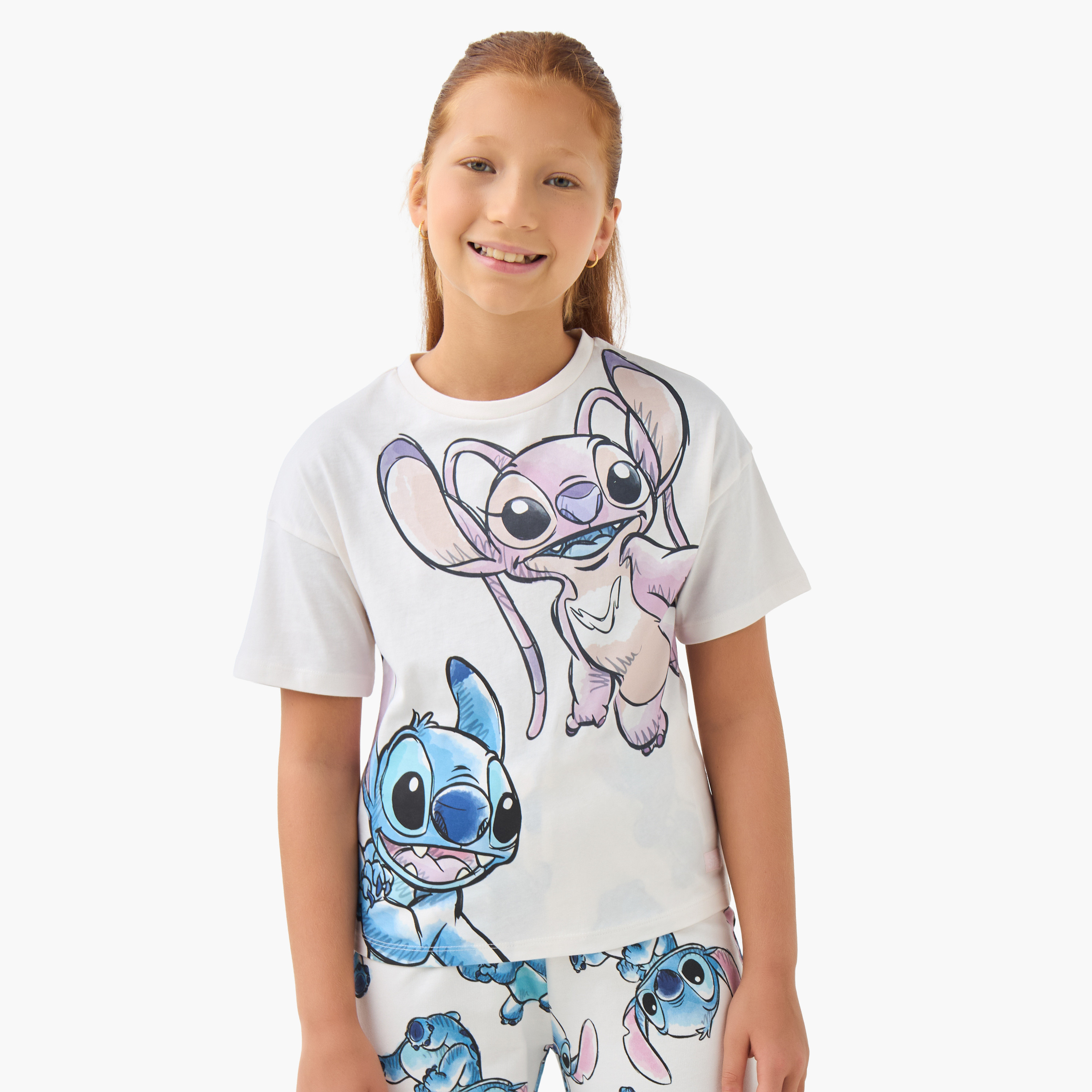 Disney Girls Pyjama Set with Stitch and Angel Print - Cotton - Short Sleeves - Crew Neck-girls-clothing-nightwear-image-2