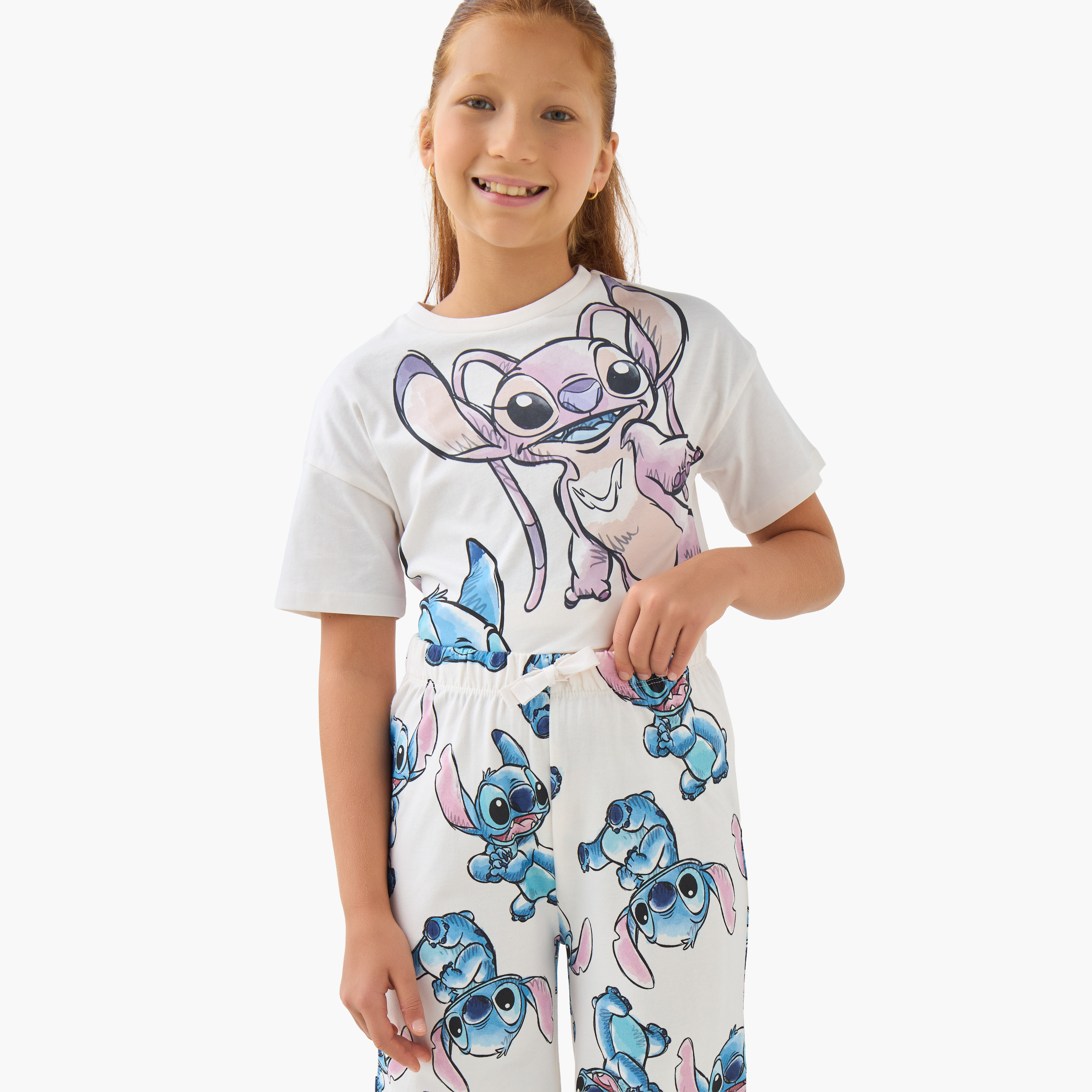 Disney Girls Pyjama Set with Stitch and Angel Print - Cotton - Short Sleeves - Crew Neck-girls-clothing-nightwear-image-5