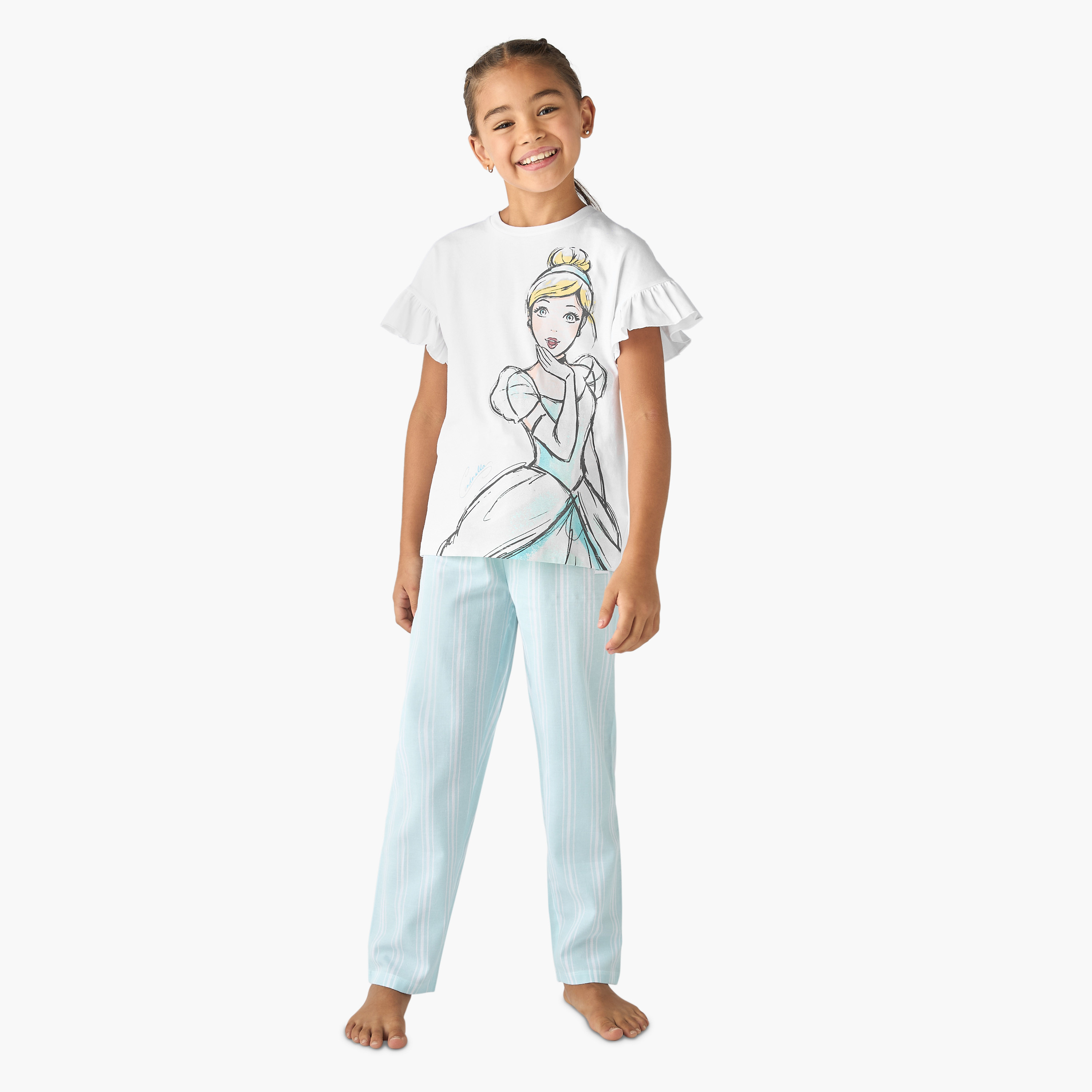 Disney Cinderella Print T-shirt and Striped Pyjama Set-girls-clothing-nightwear-image-1