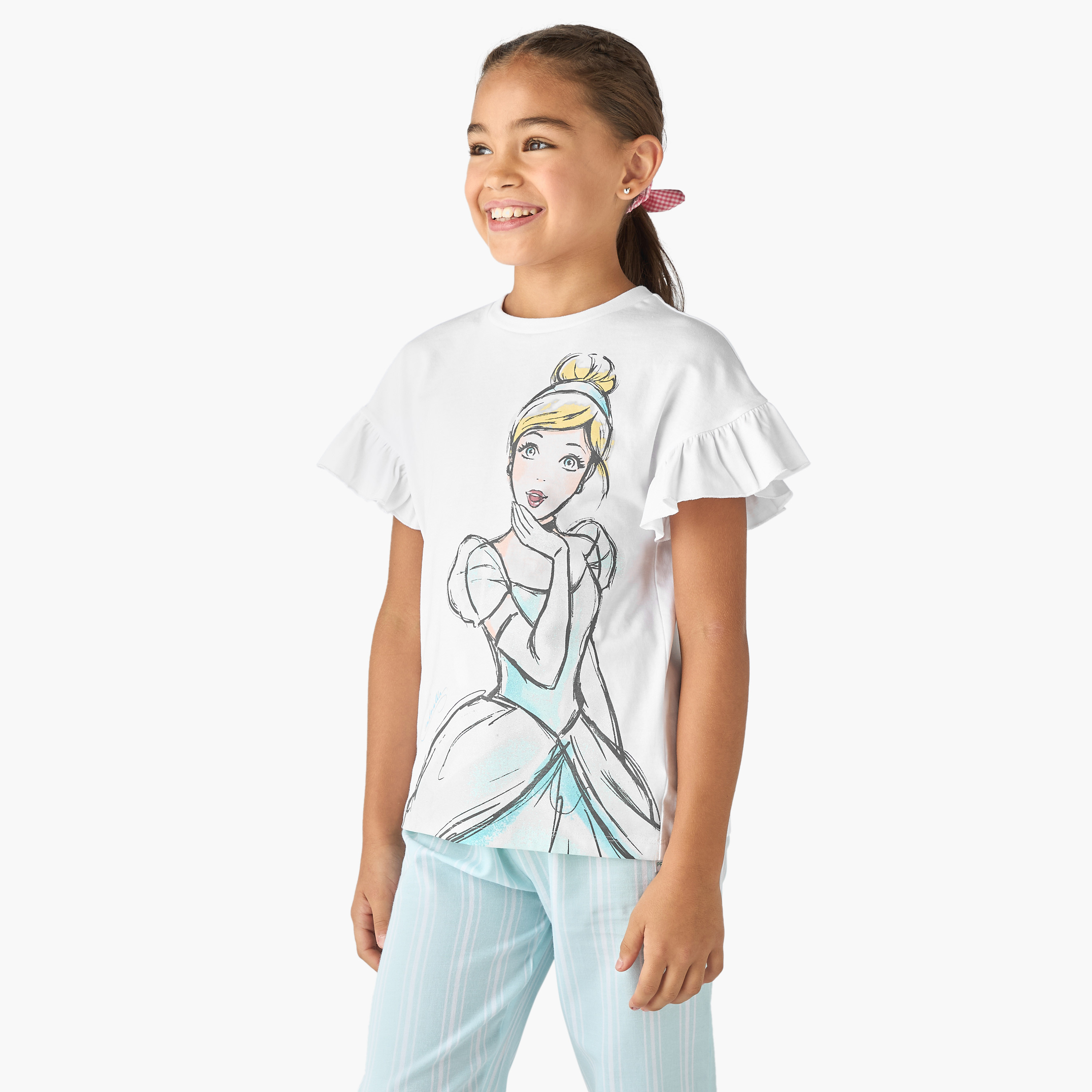 Disney Cinderella Print T-shirt and Striped Pyjama Set-girls-clothing-nightwear-image-2