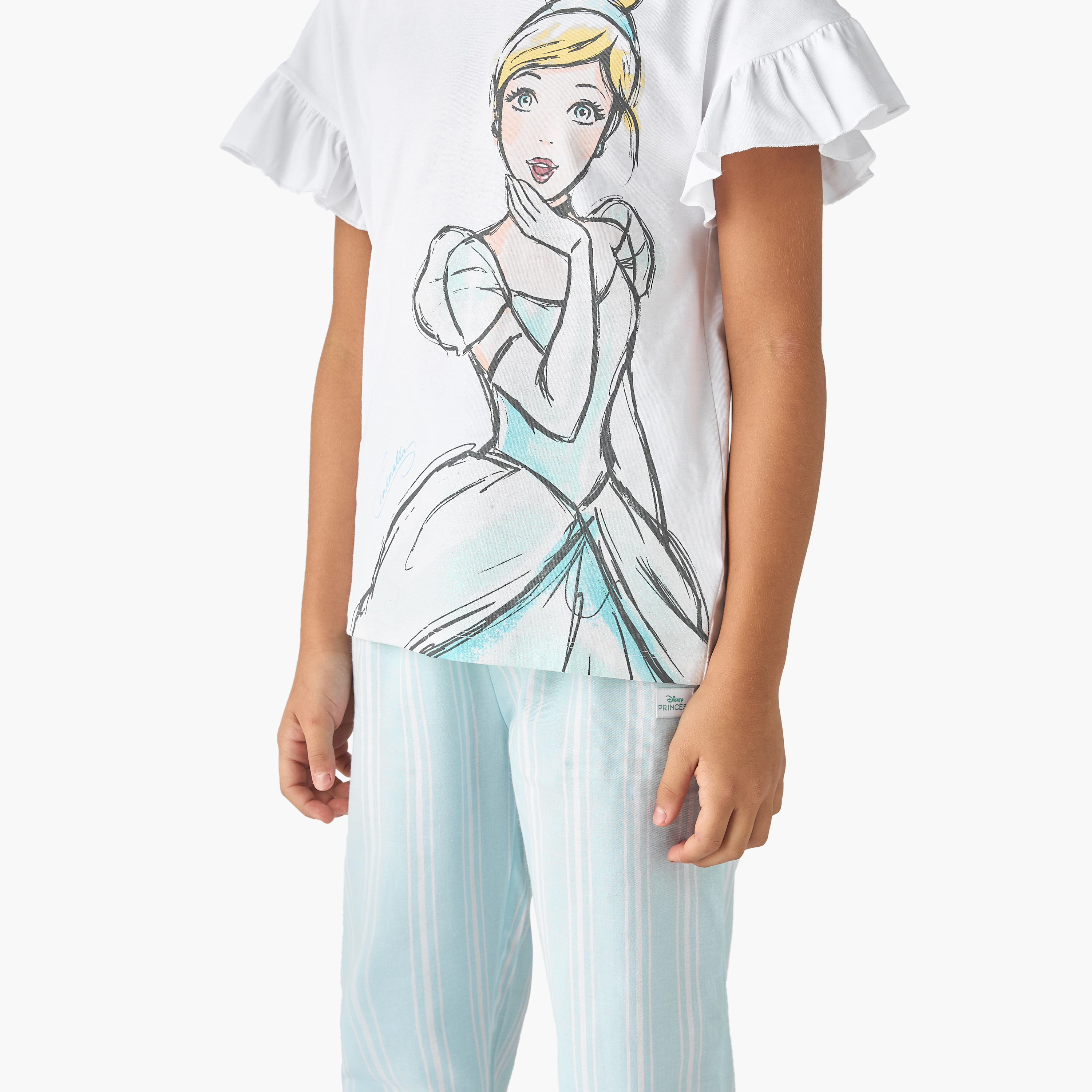 Disney Cinderella Print T-shirt and Striped Pyjama Set-girls-clothing-nightwear-image-5