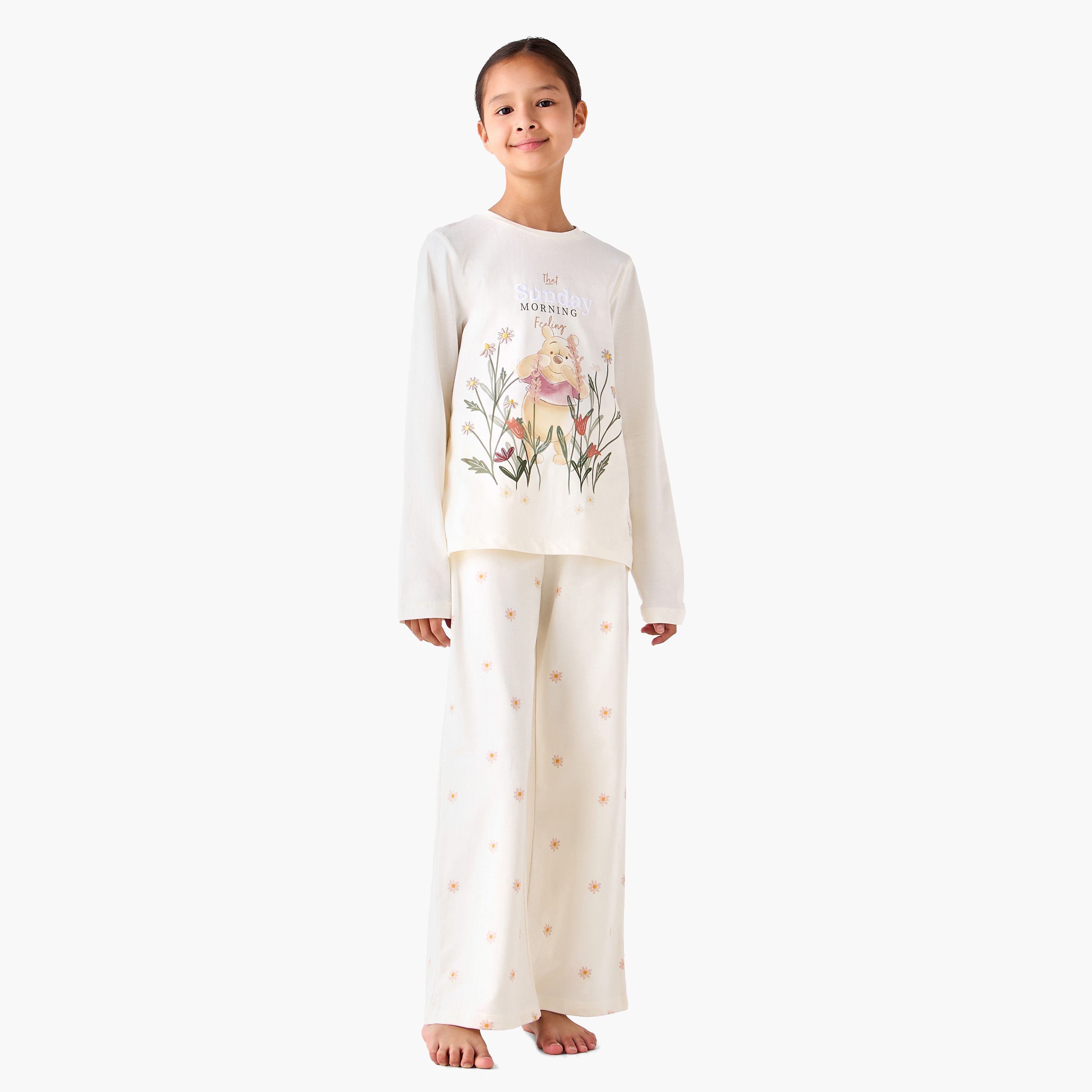 Disney Cotton Round Neck Long Sleeves Pyjama Set with Winnie the Pooh Print-girls-clothing-nightwear-image-1
