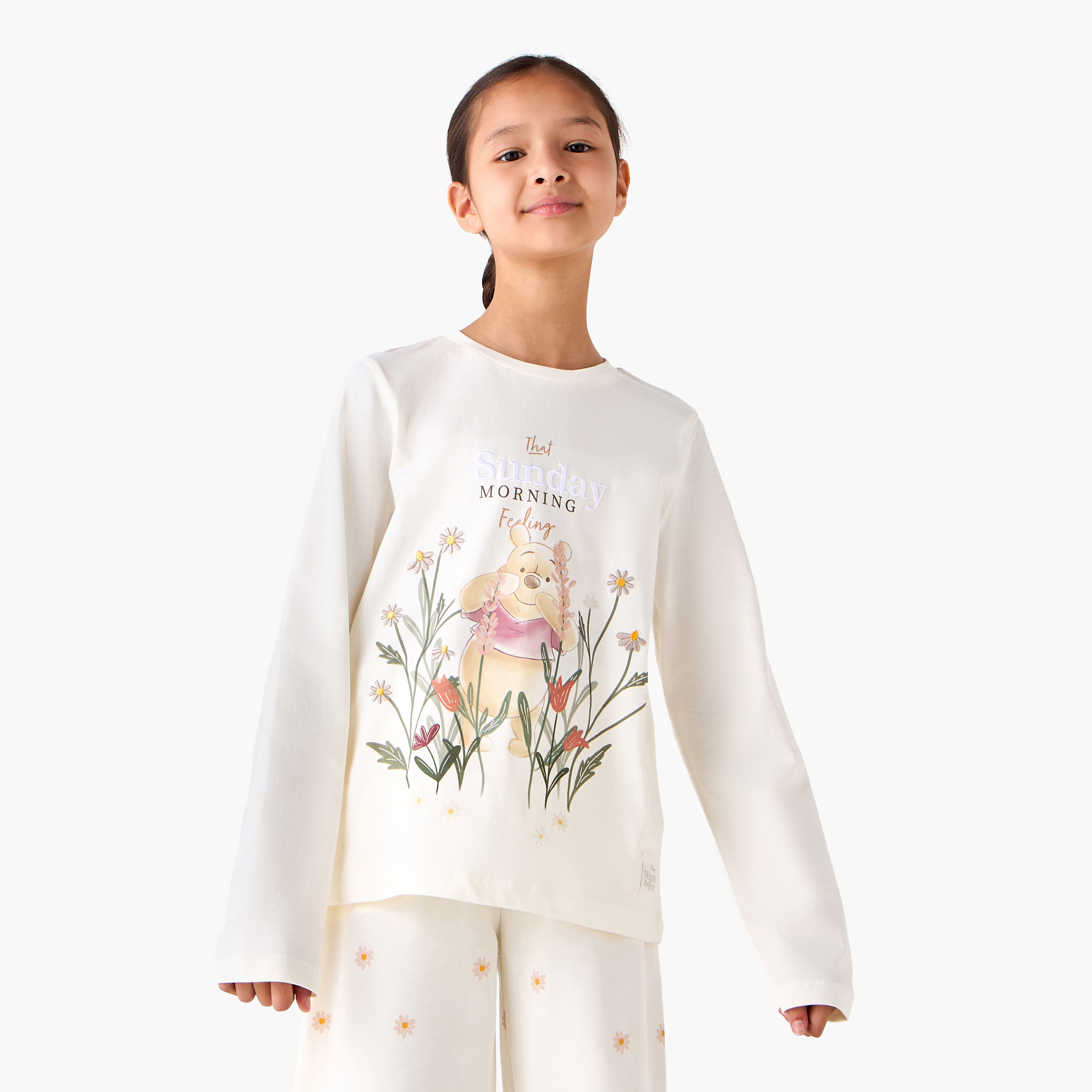 Disney Cotton Round Neck Long Sleeves Pyjama Set with Winnie the Pooh Print-girls-clothing-nightwear-image-2