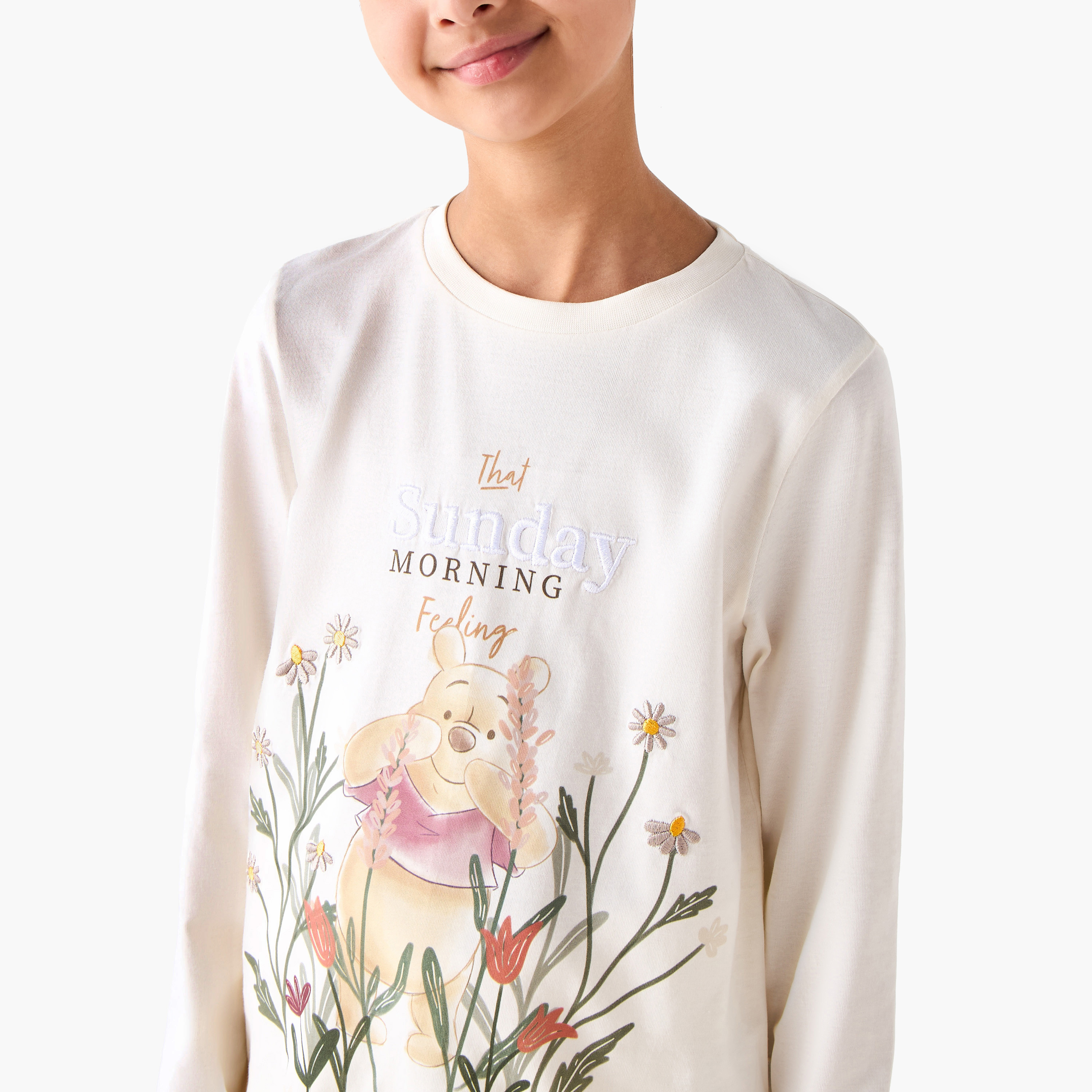 Disney Cotton Round Neck Long Sleeves Pyjama Set with Winnie the Pooh Print-girls-clothing-nightwear-image-5