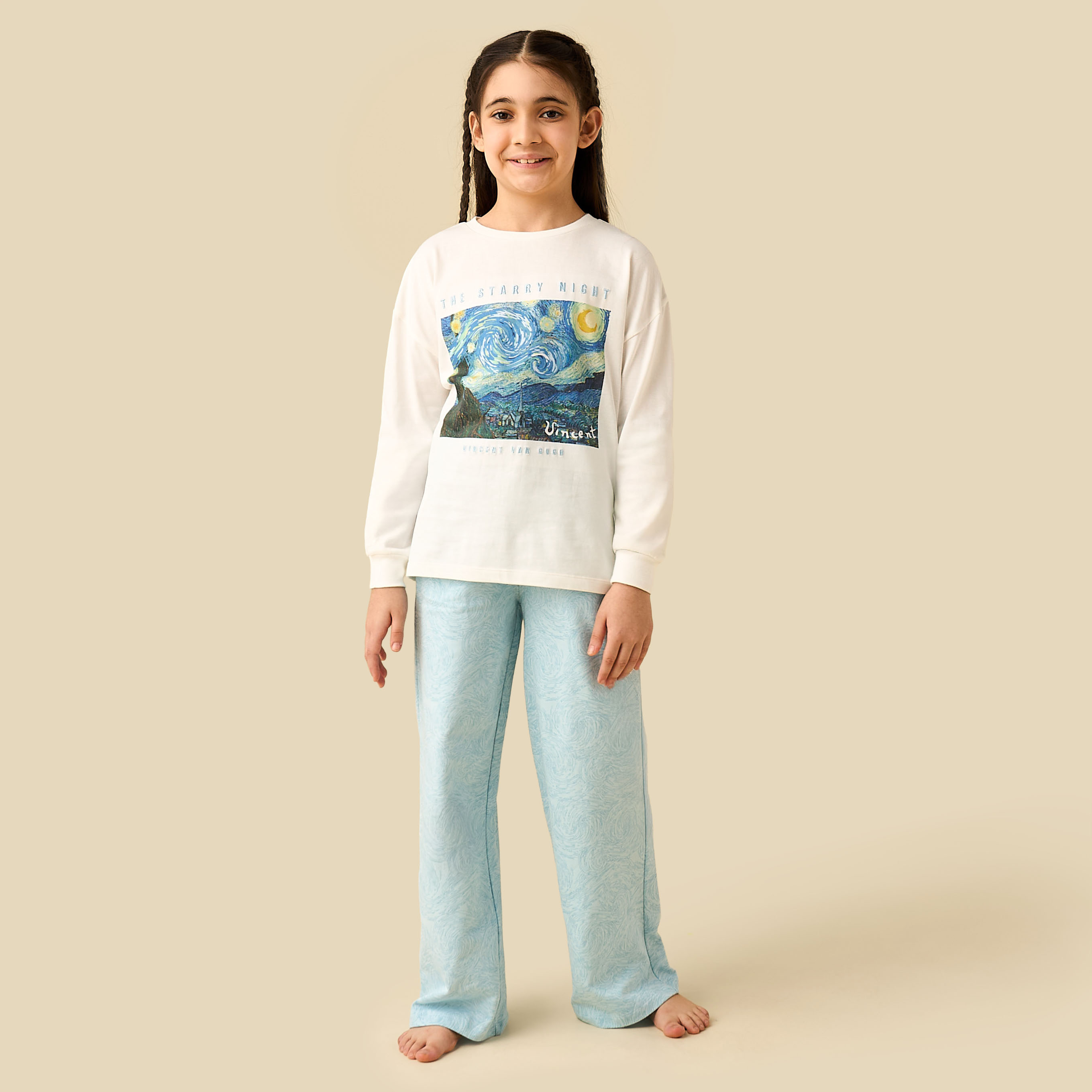 Disney Cotton Round Neck Long Sleeves Pyjama Set with Vincent Van Gogh Print-girls-clothing-nightwear-image-1