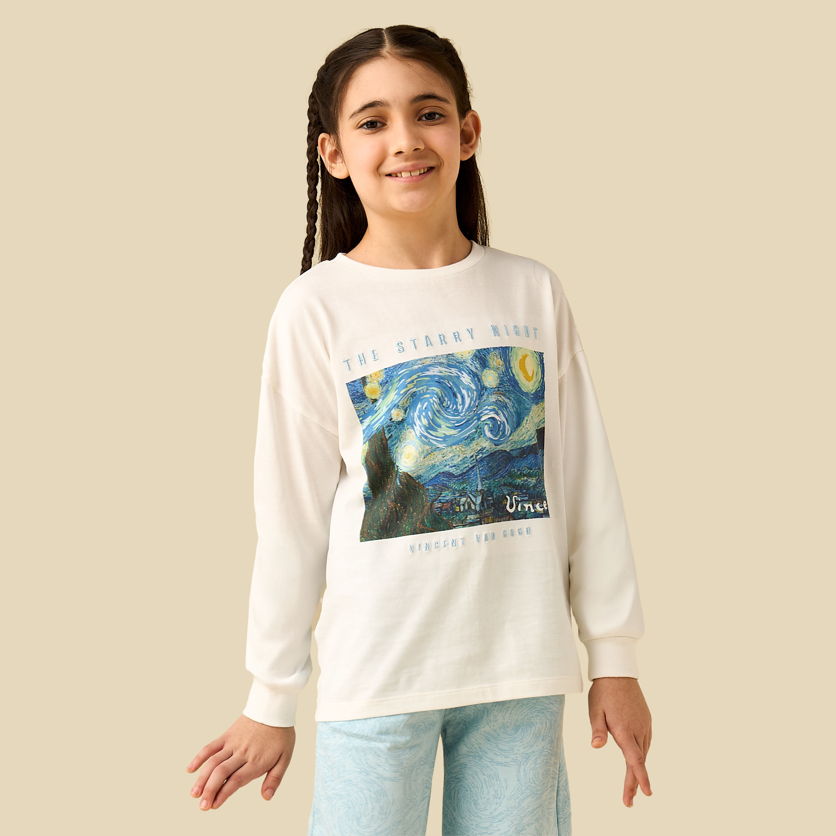 Disney Cotton Round Neck Long Sleeves Pyjama Set with Vincent Van Gogh Print-girls-clothing-nightwear-image-2