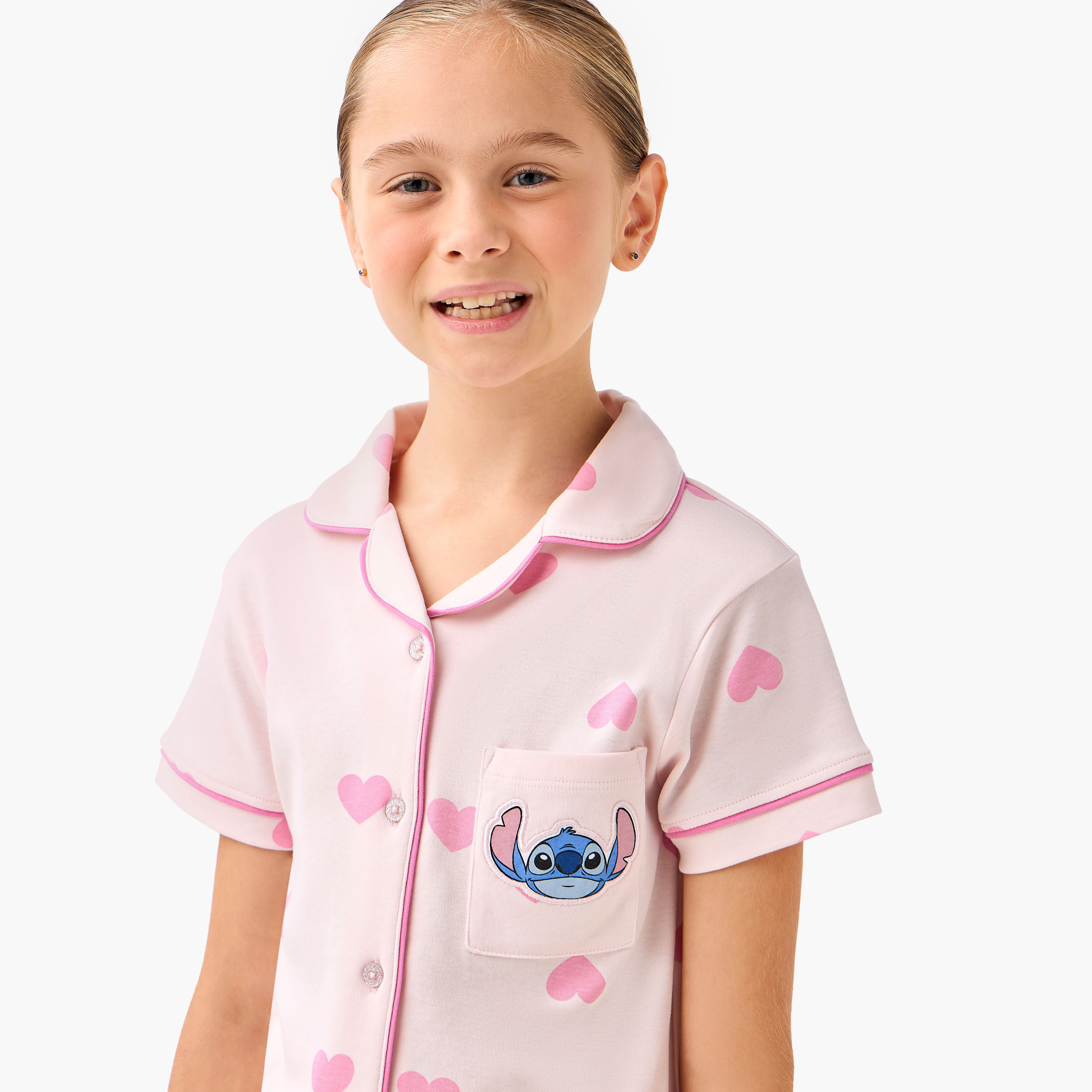 طقم بيجاما قطن بياقة وأكمام قصيرة وزخارف ستيتش من ديزني-girls-clothing-nightwear-image-2