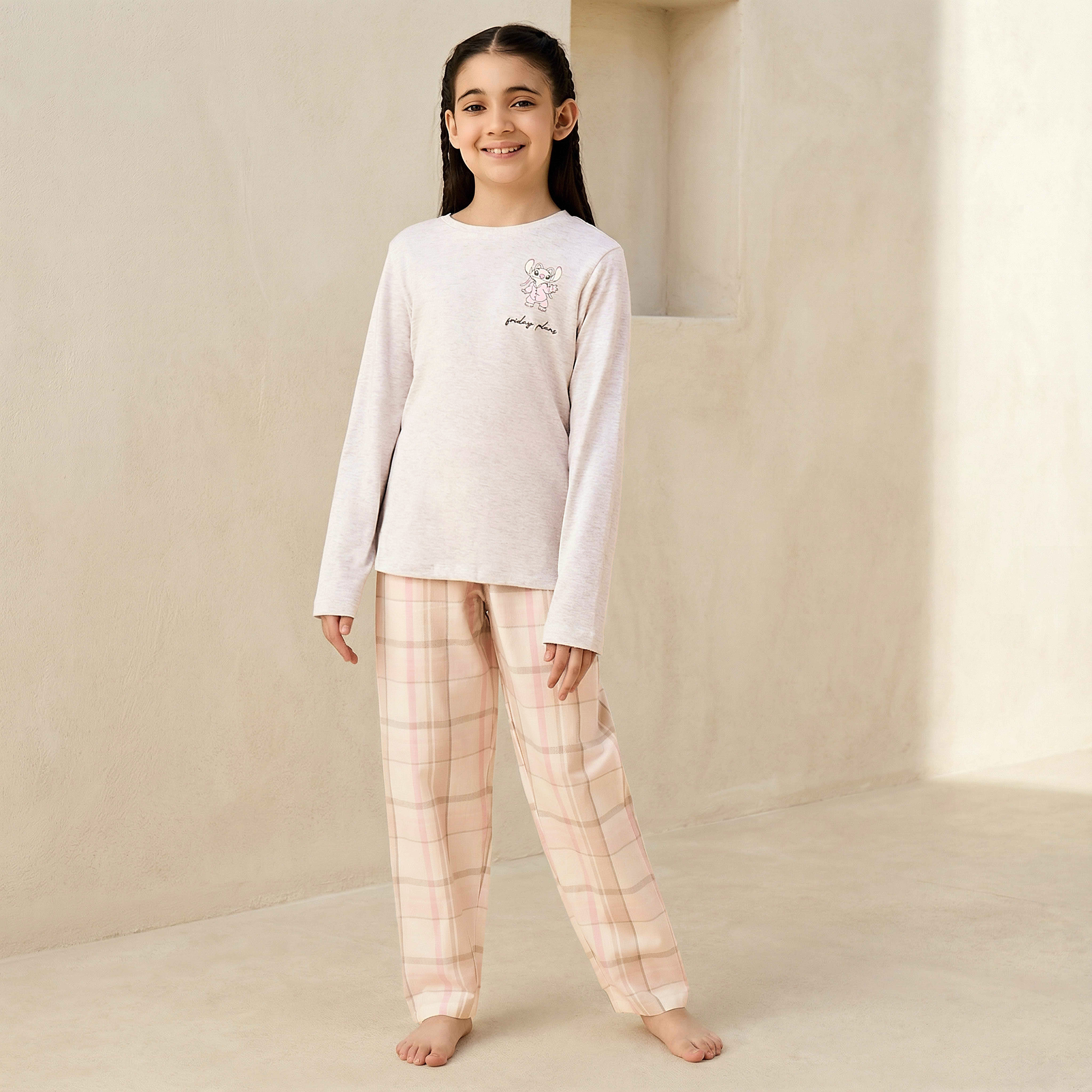 Disney Cotton Crew Neck Long Sleeves Pyjama Set with Stitch Print-girls-clothing-nightwear-image-1