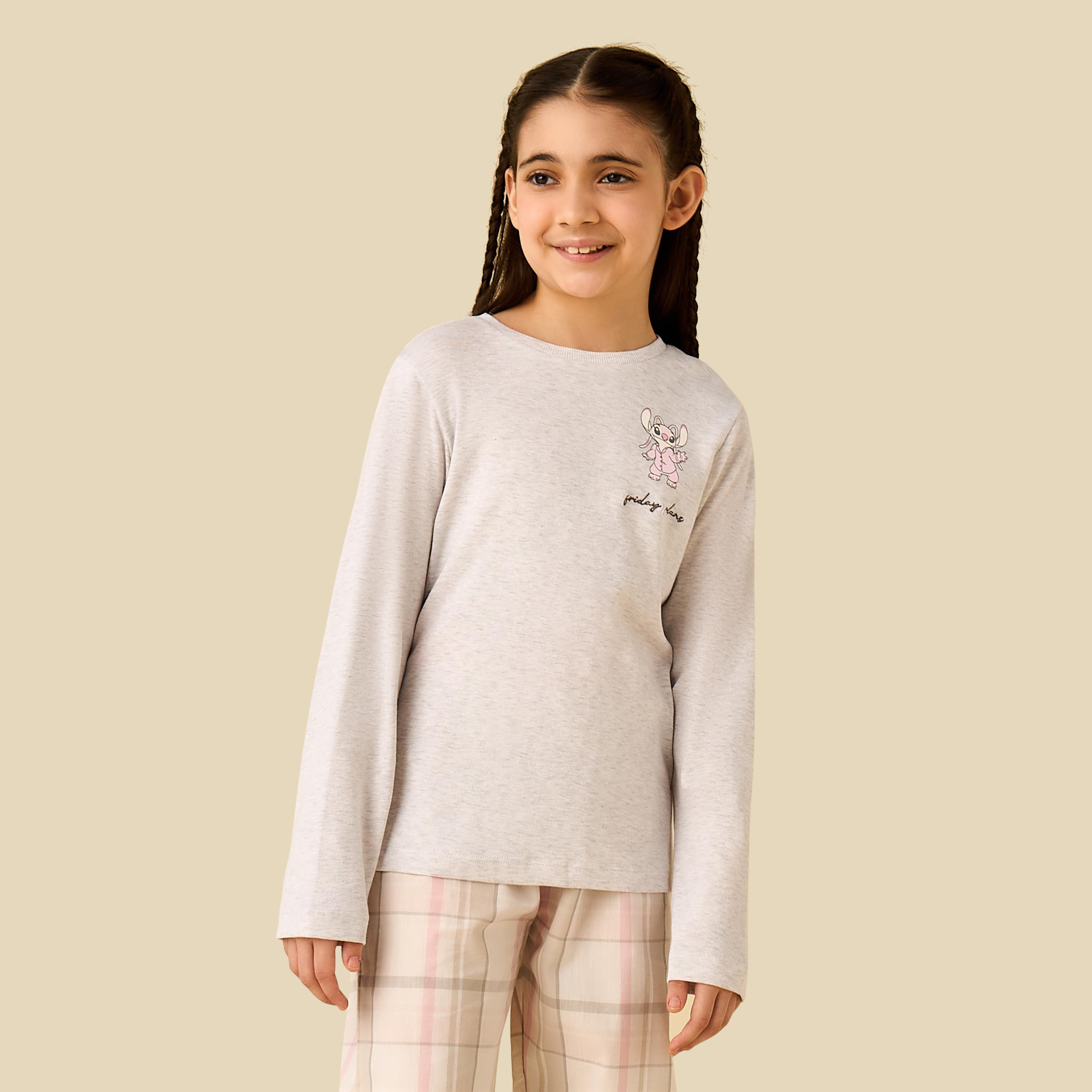Disney Cotton Crew Neck Long Sleeves Pyjama Set with Stitch Print-girls-clothing-nightwear-image-2
