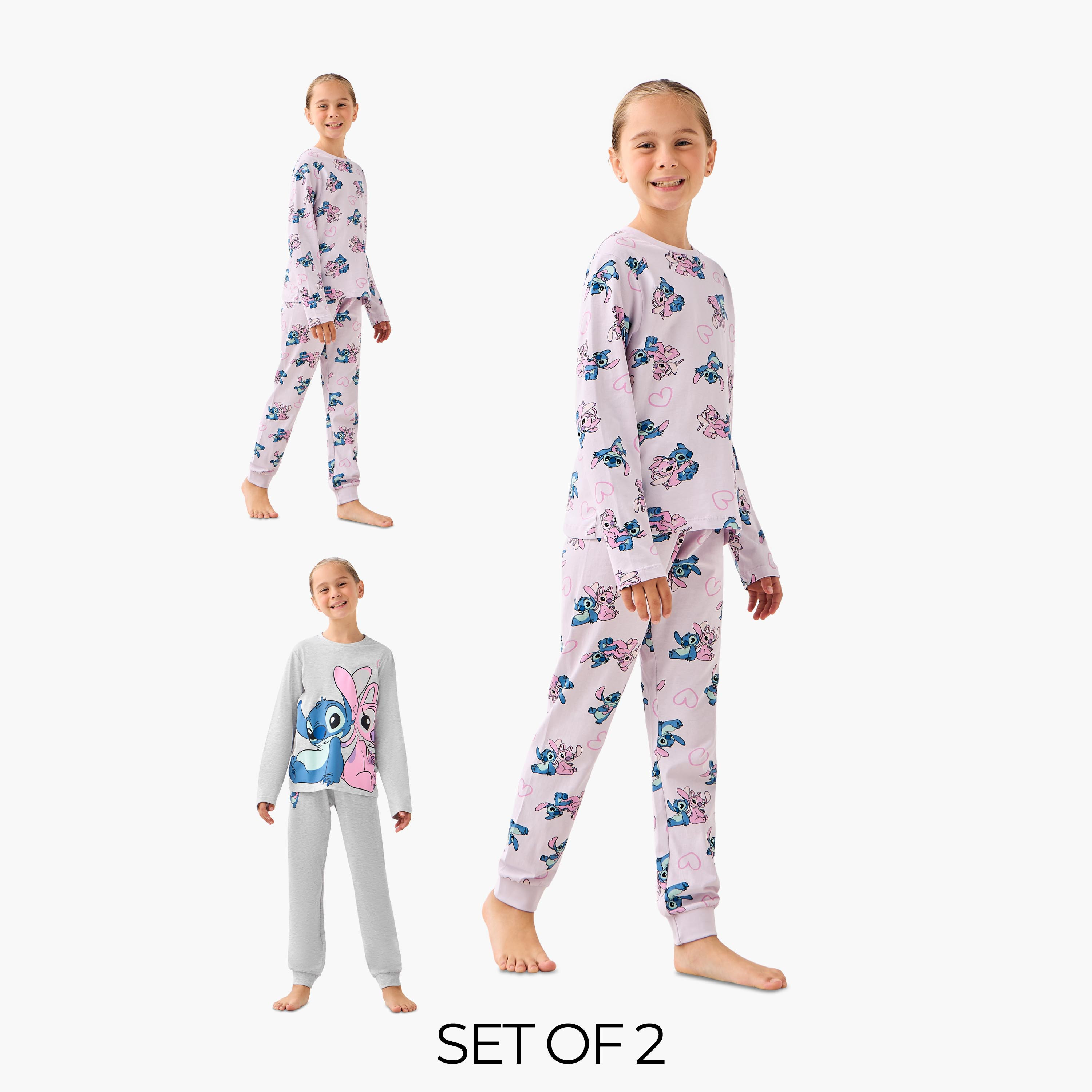 Pack of 2 Disney Cotton Round Neck Long Sleeves Pyjama Set with Angel and Stitch Print-girls-clothing-nightwear-image-1