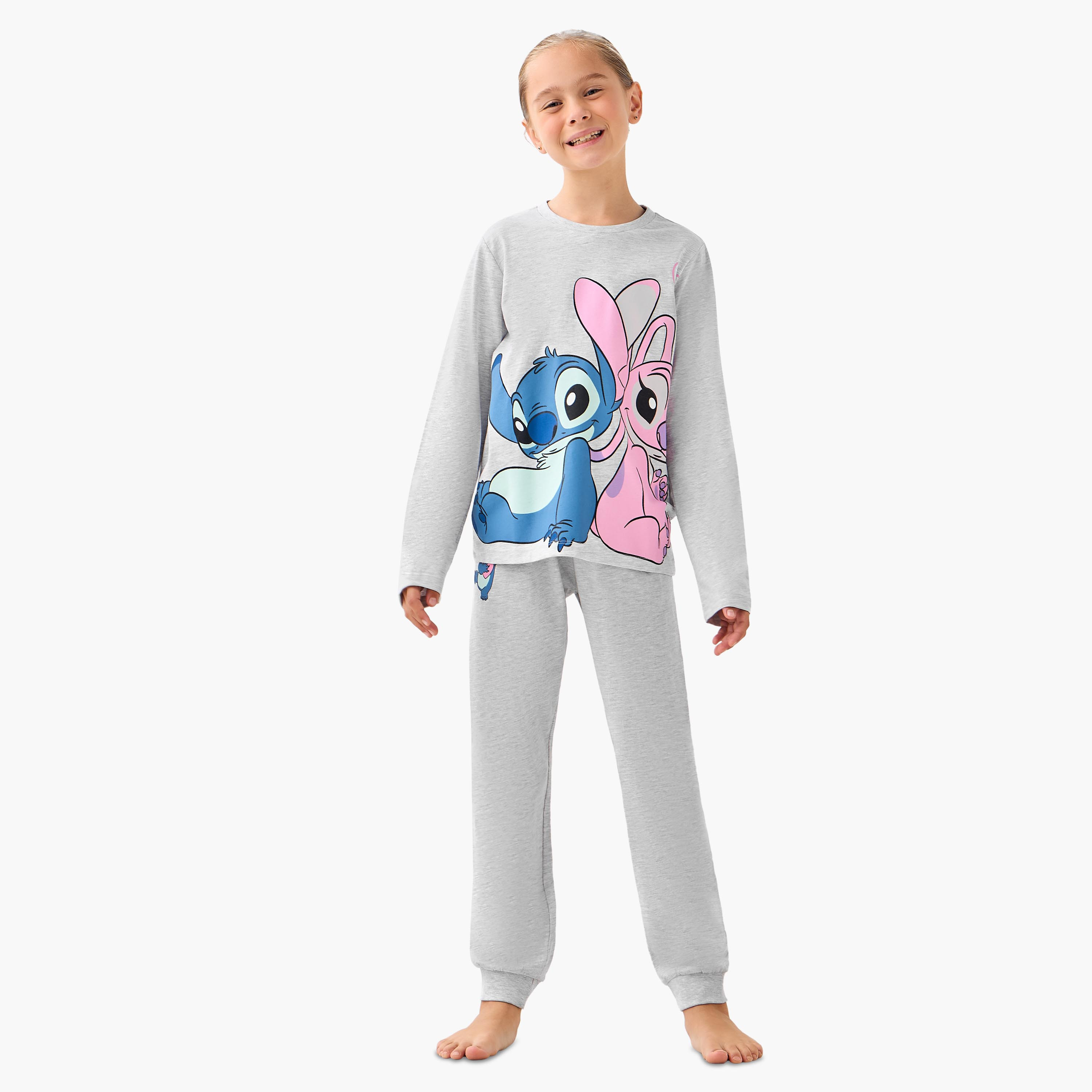 Pack of 2 Disney Cotton Round Neck Long Sleeves Pyjama Set with Angel and Stitch Print-girls-clothing-nightwear-image-2