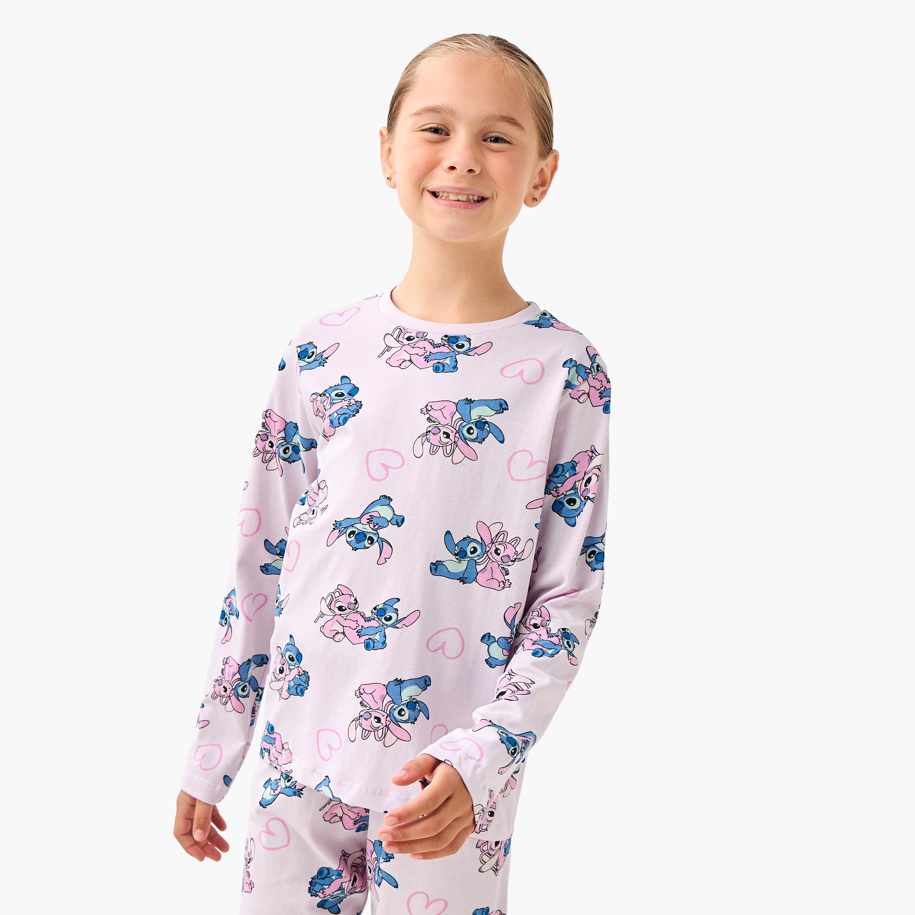 Pack of 2 Disney Cotton Round Neck Long Sleeves Pyjama Set with Angel and Stitch Print-girls-clothing-nightwear-image-3