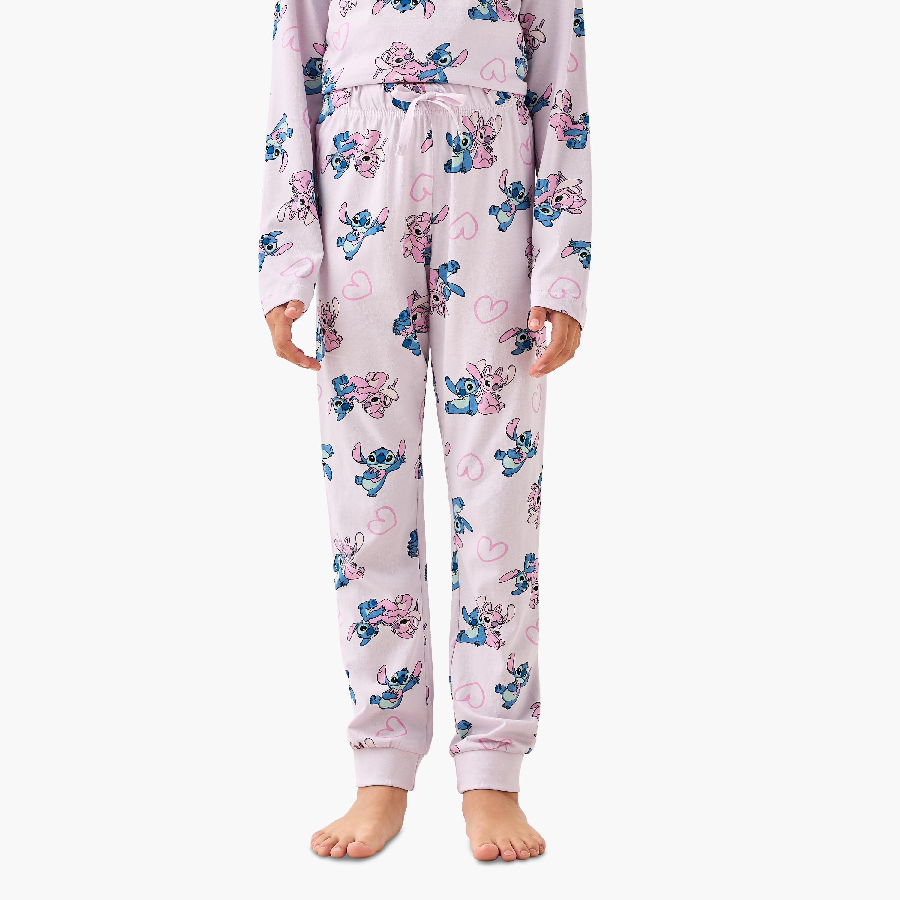 Pack of 2 Disney Cotton Round Neck Long Sleeves Pyjama Set with Angel and Stitch Print-girls-clothing-nightwear-image-4