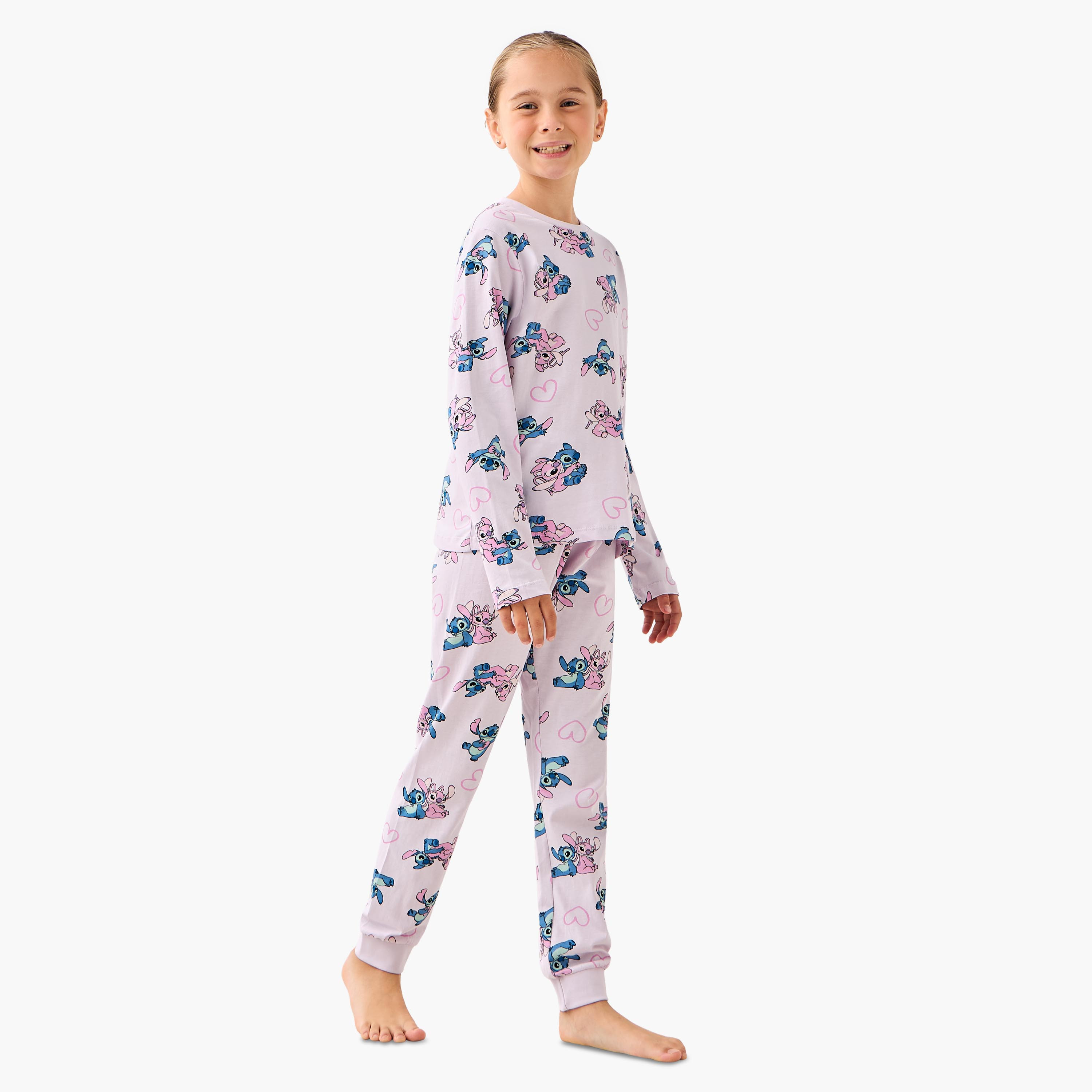 Pack of 2 Disney Cotton Round Neck Long Sleeves Pyjama Set with Angel and Stitch Print-girls-clothing-nightwear-image-7
