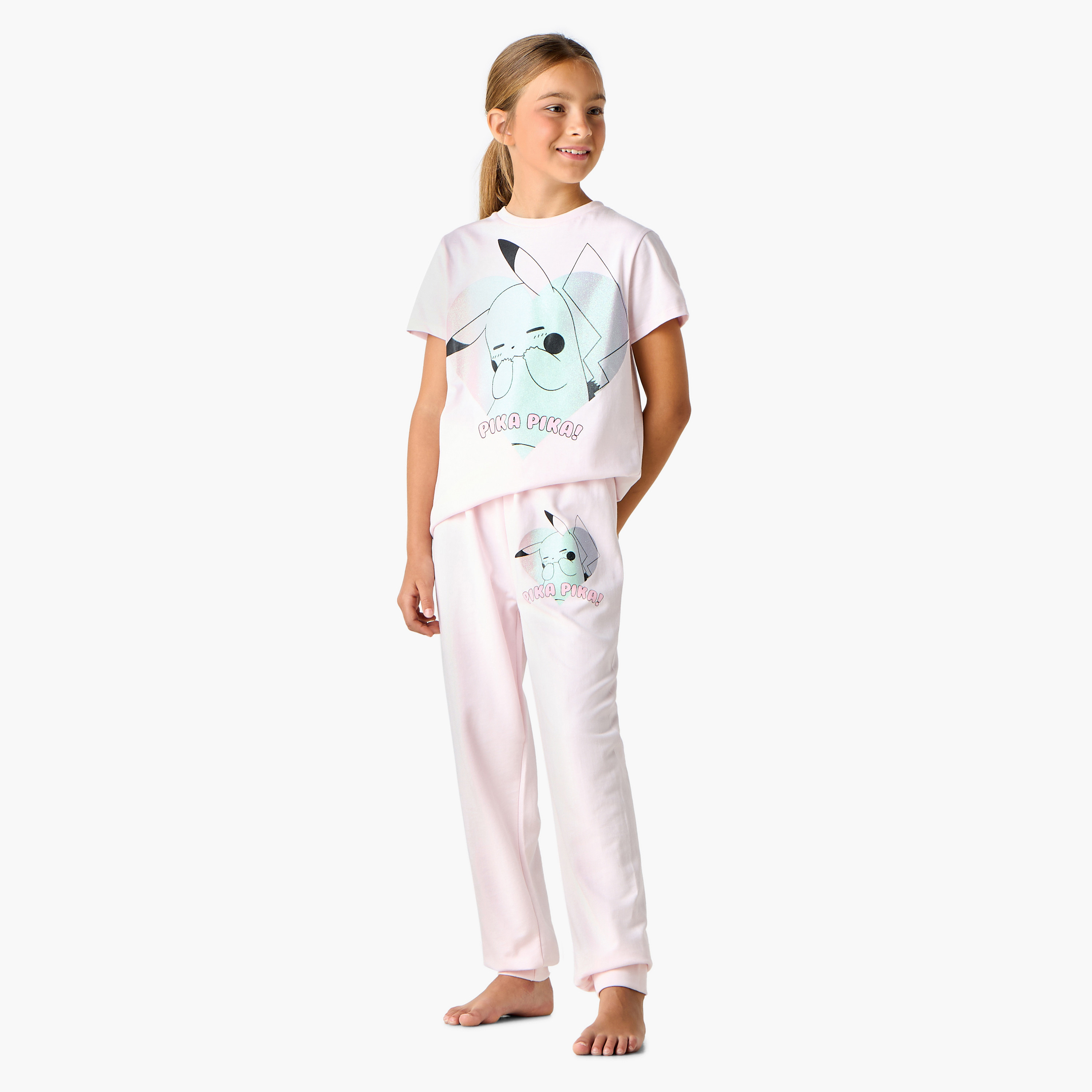 Pokemon Pikachu Print T-shirt and Pyjama Set-girls-clothing-nightwear-image-1