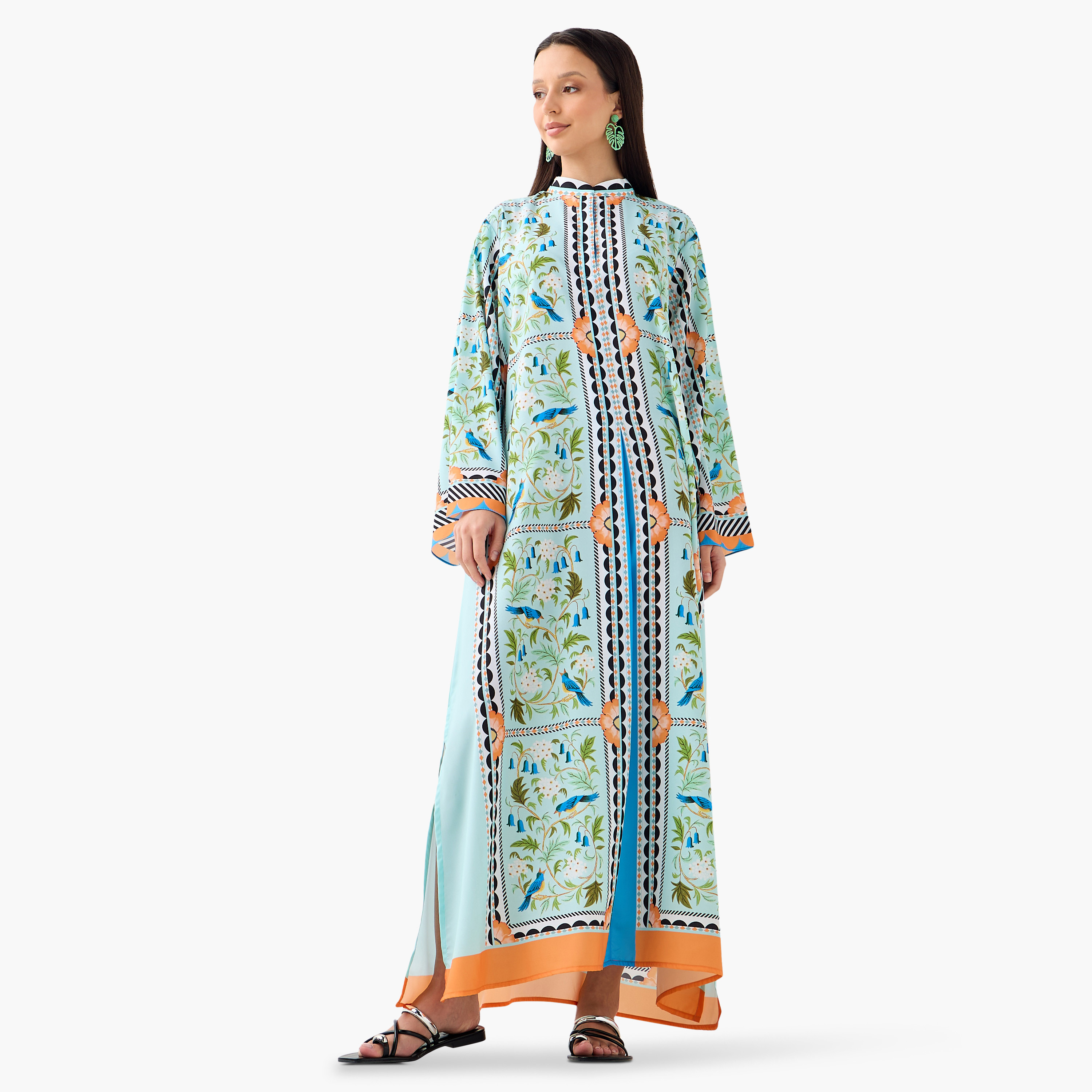 FYOR Printed Mandarin Collar Maxi Dress with Slits-women-clothing-dresses-image-1