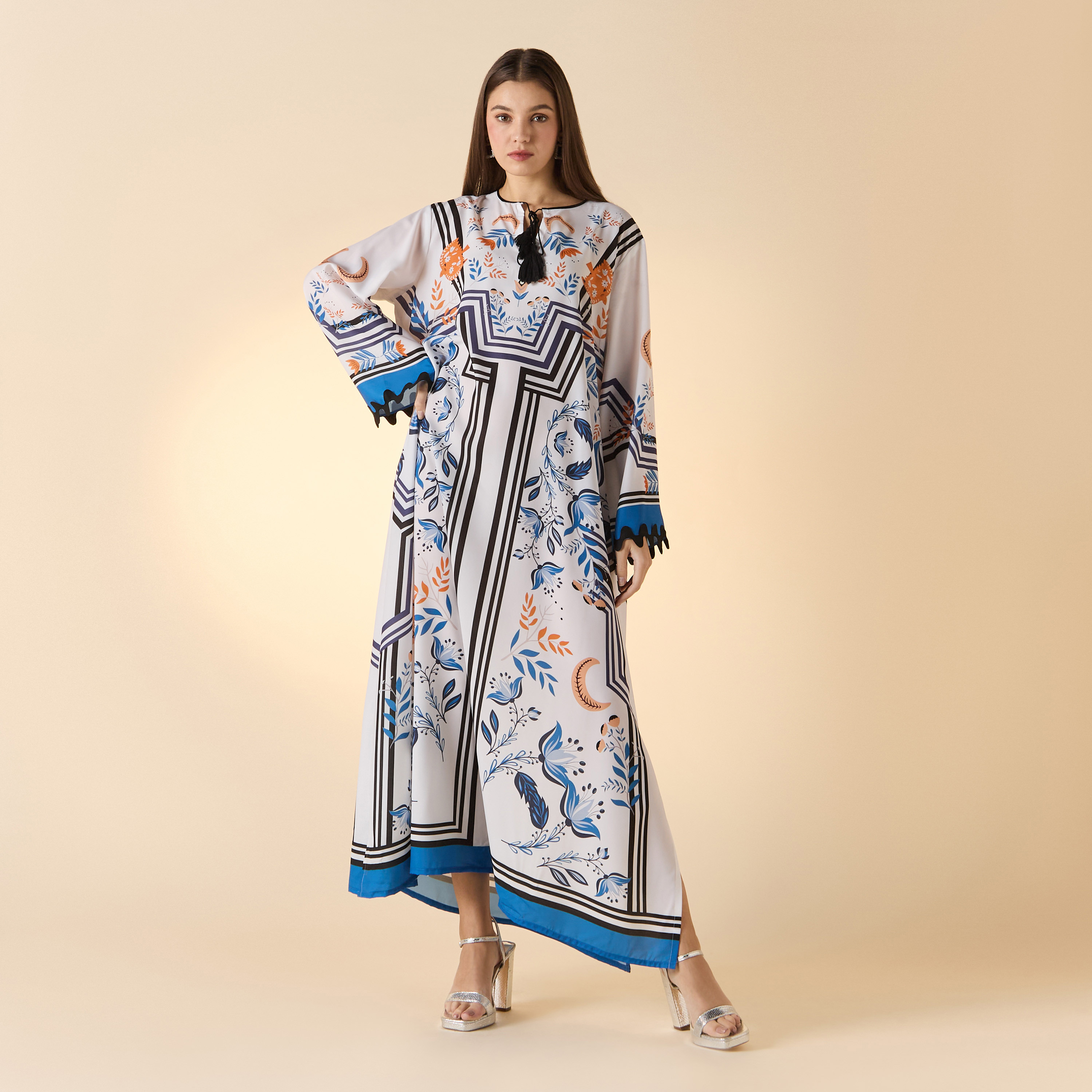 FYOR All-Over Print Dress with Long Sleeves and Tie-Up Detail-women-clothing-dresses-image-1