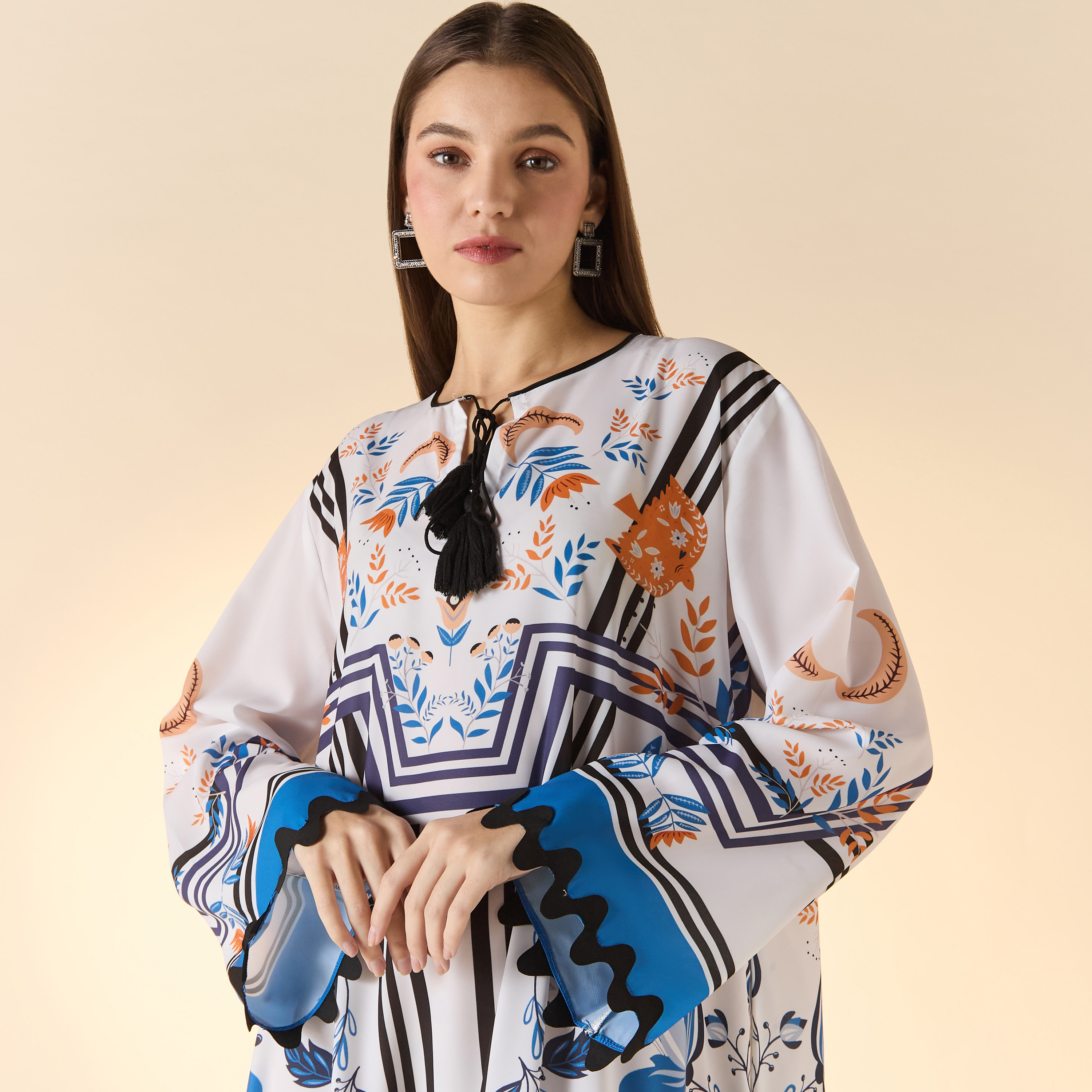 FYOR All-Over Print Dress with Long Sleeves and Tie-Up Detail-women-clothing-dresses-image-4