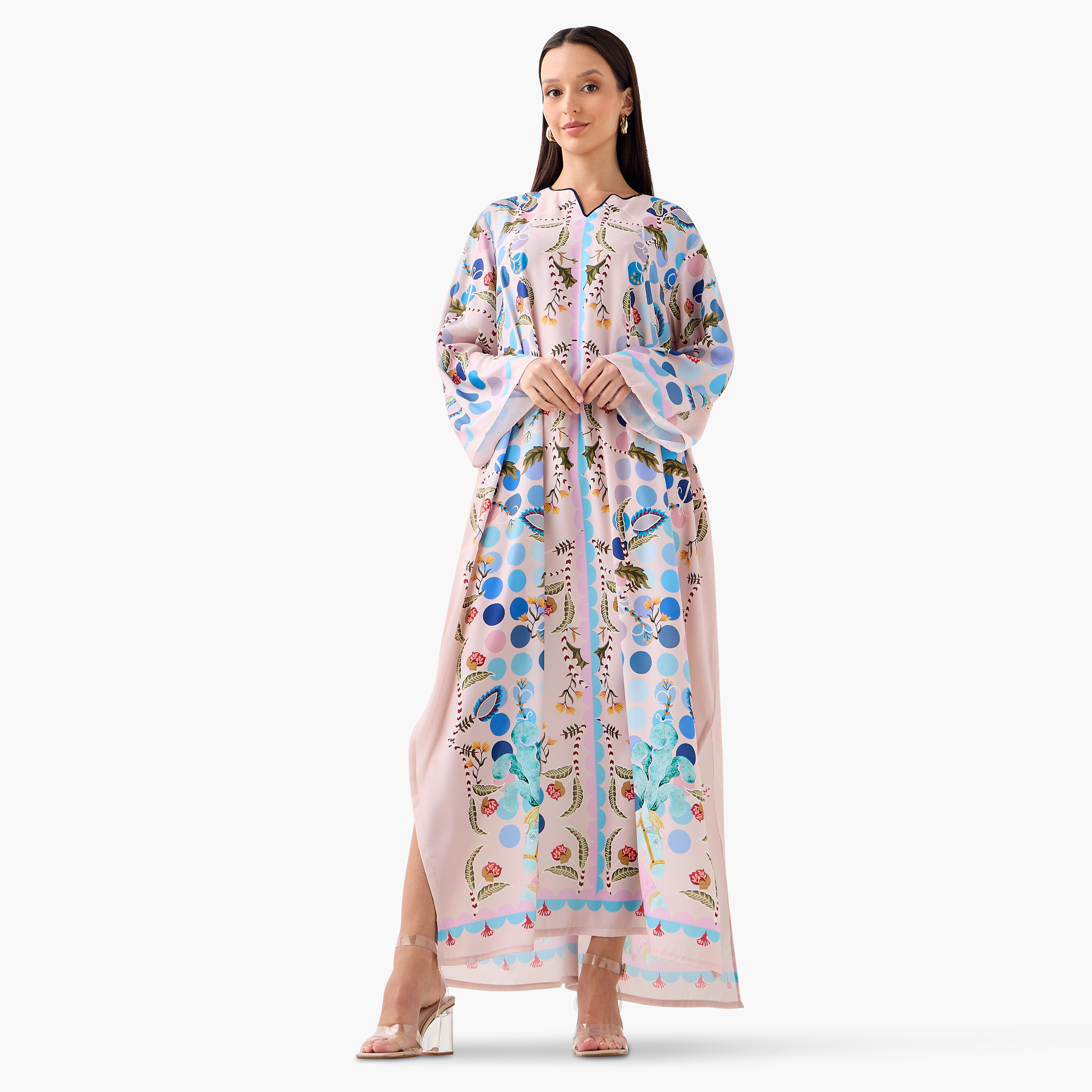 FYOR All-Over Print Split Neck Dress with Long Sleeves-women-clothing-dresses-image-1