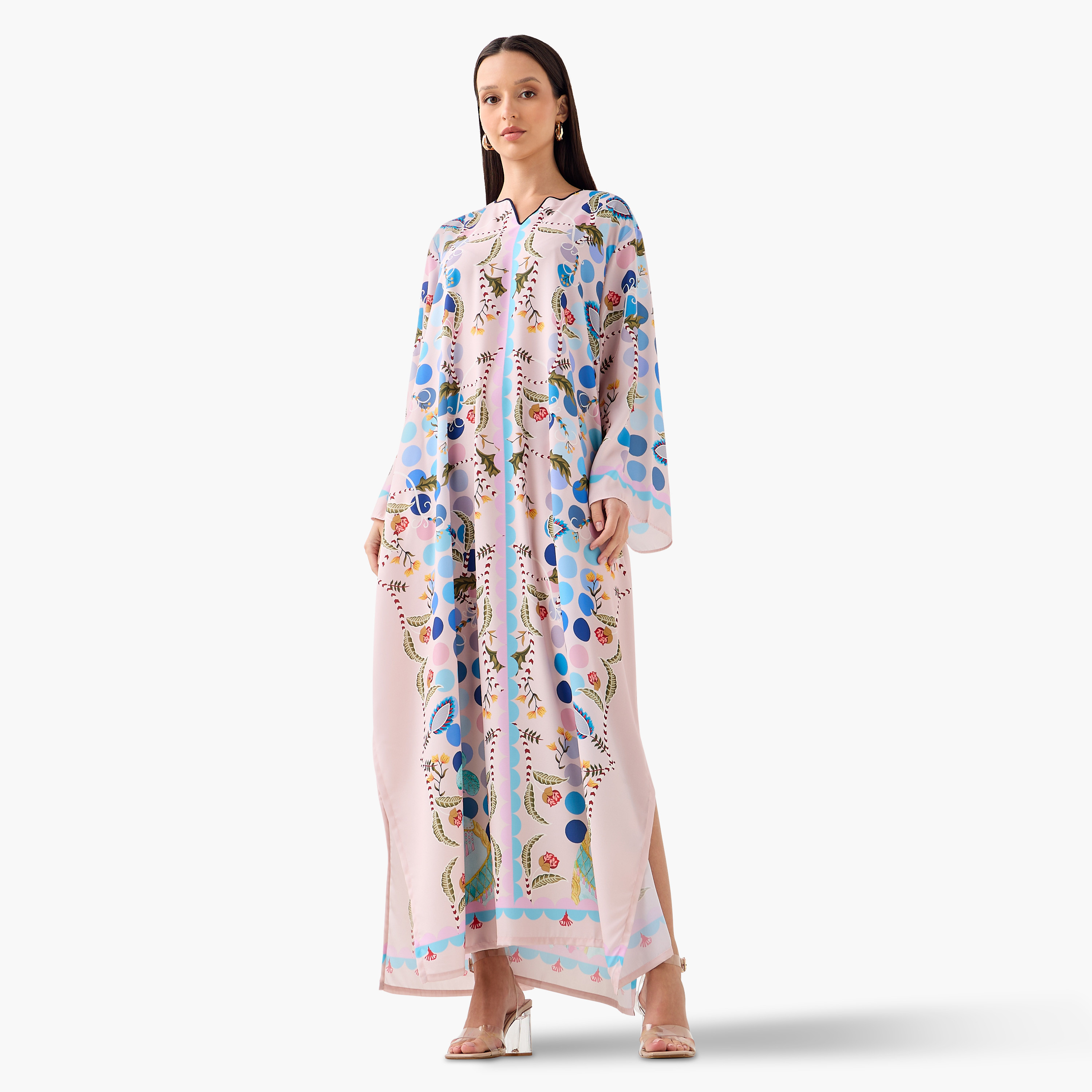 FYOR All-Over Print Split Neck Dress with Long Sleeves-women-clothing-dresses-image-2
