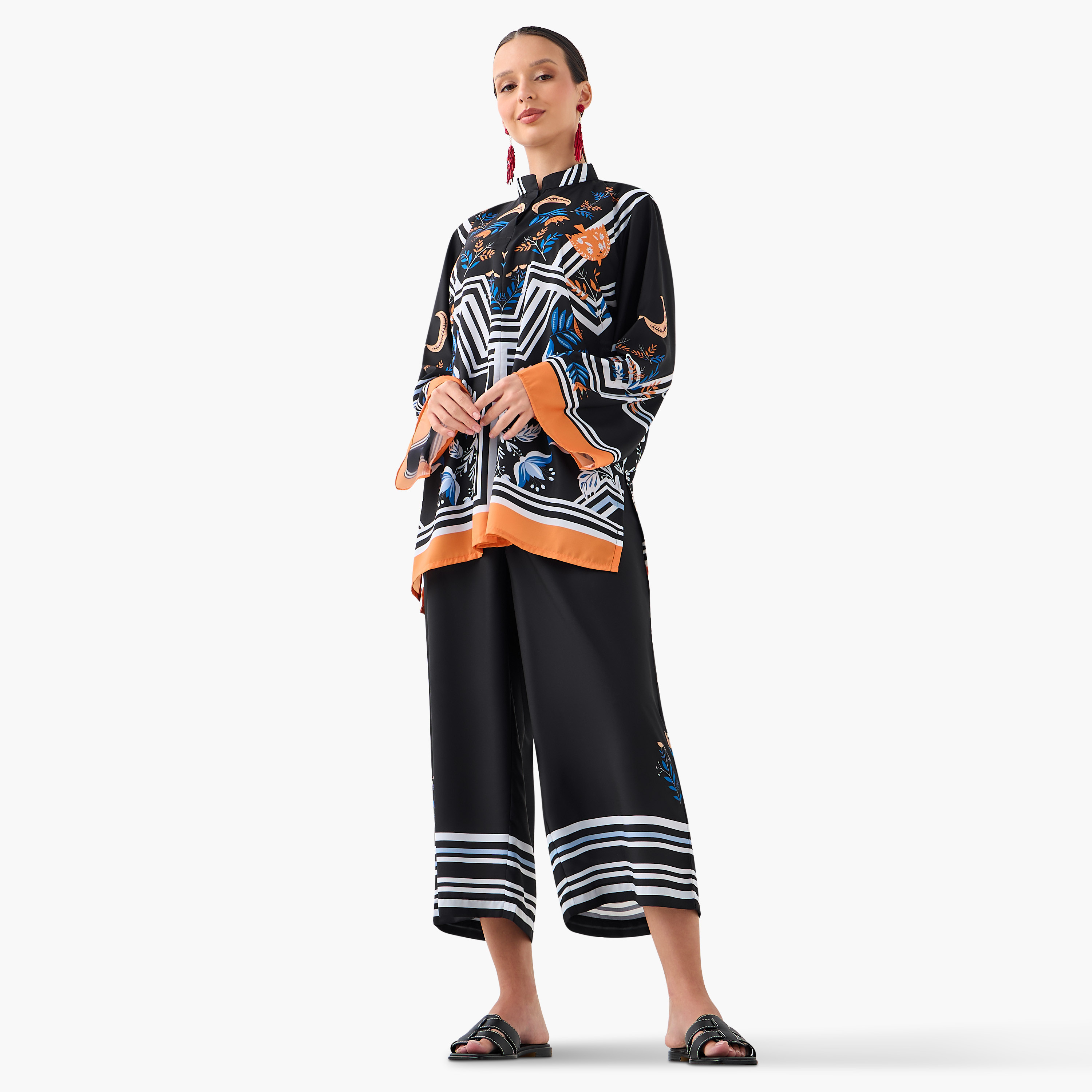 FYOR All-Over Print Mandarin Collar Top and Culottes Set-women-clothing-coordsets-image-1