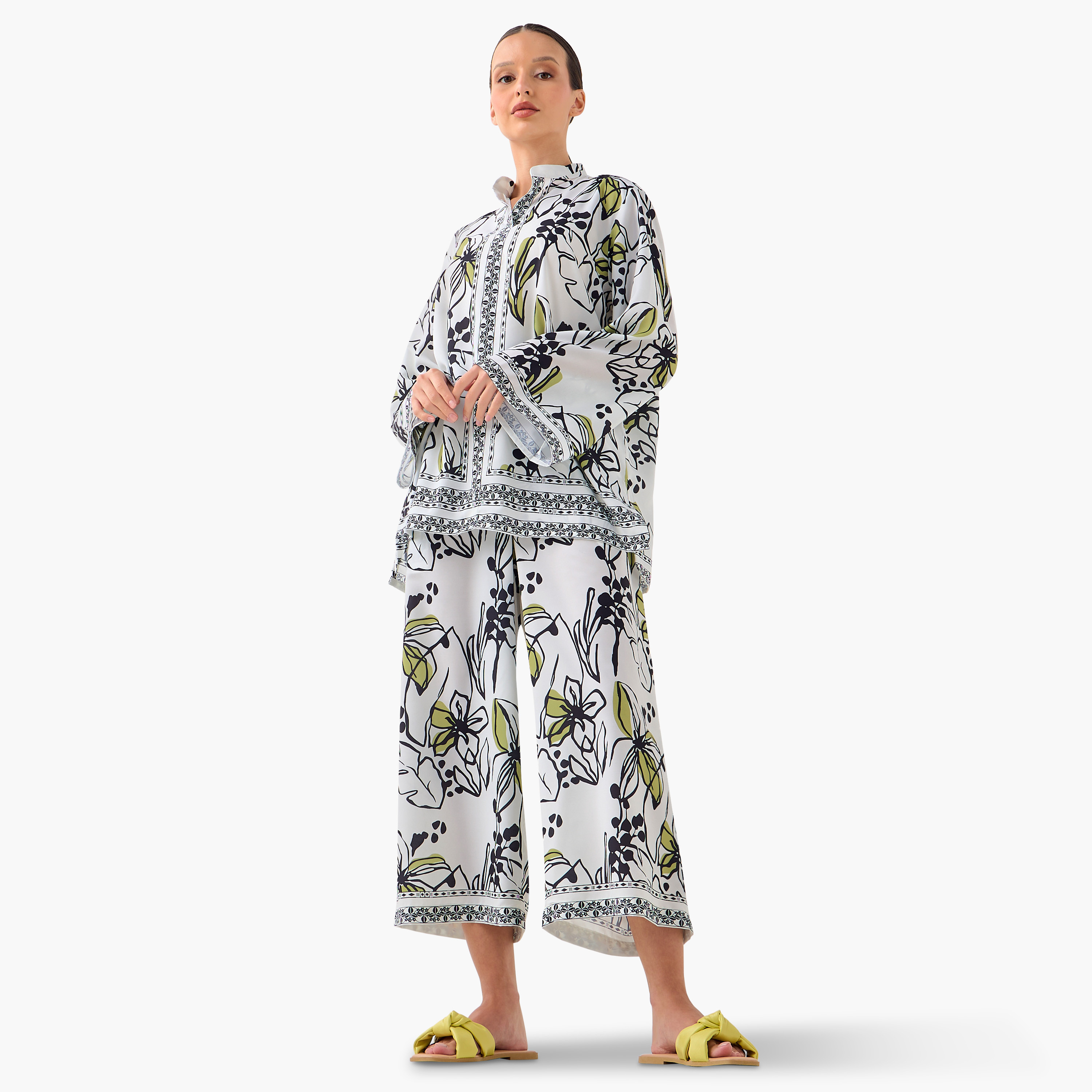 FYOR All-Over Floral Print Mandarin Collar Top and Culottes Set-women-clothing-coordsets-image-1