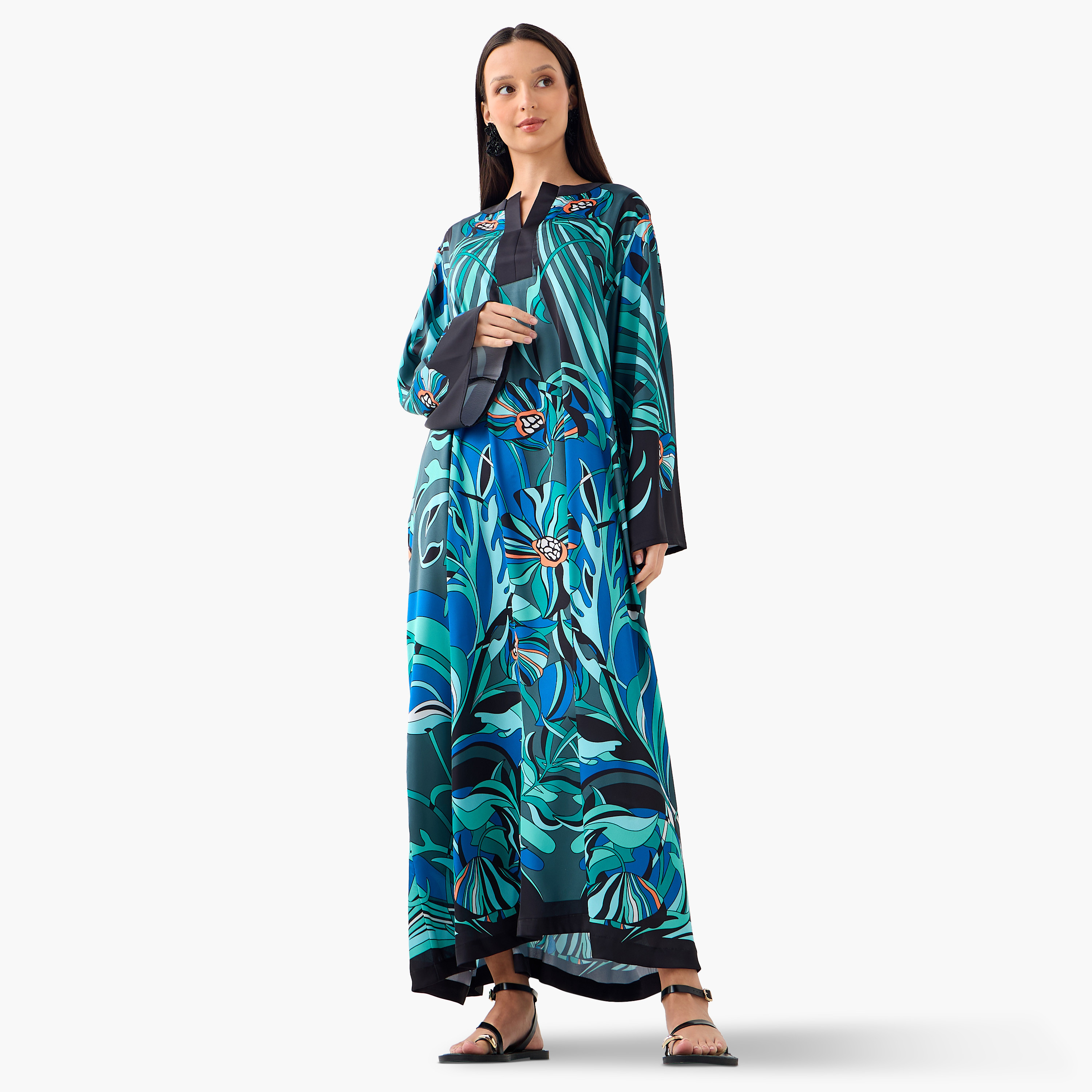 FYOR All-Over Tropical Print Split Neck Dress with Long Sleeves-women-clothing-dresses-image-1