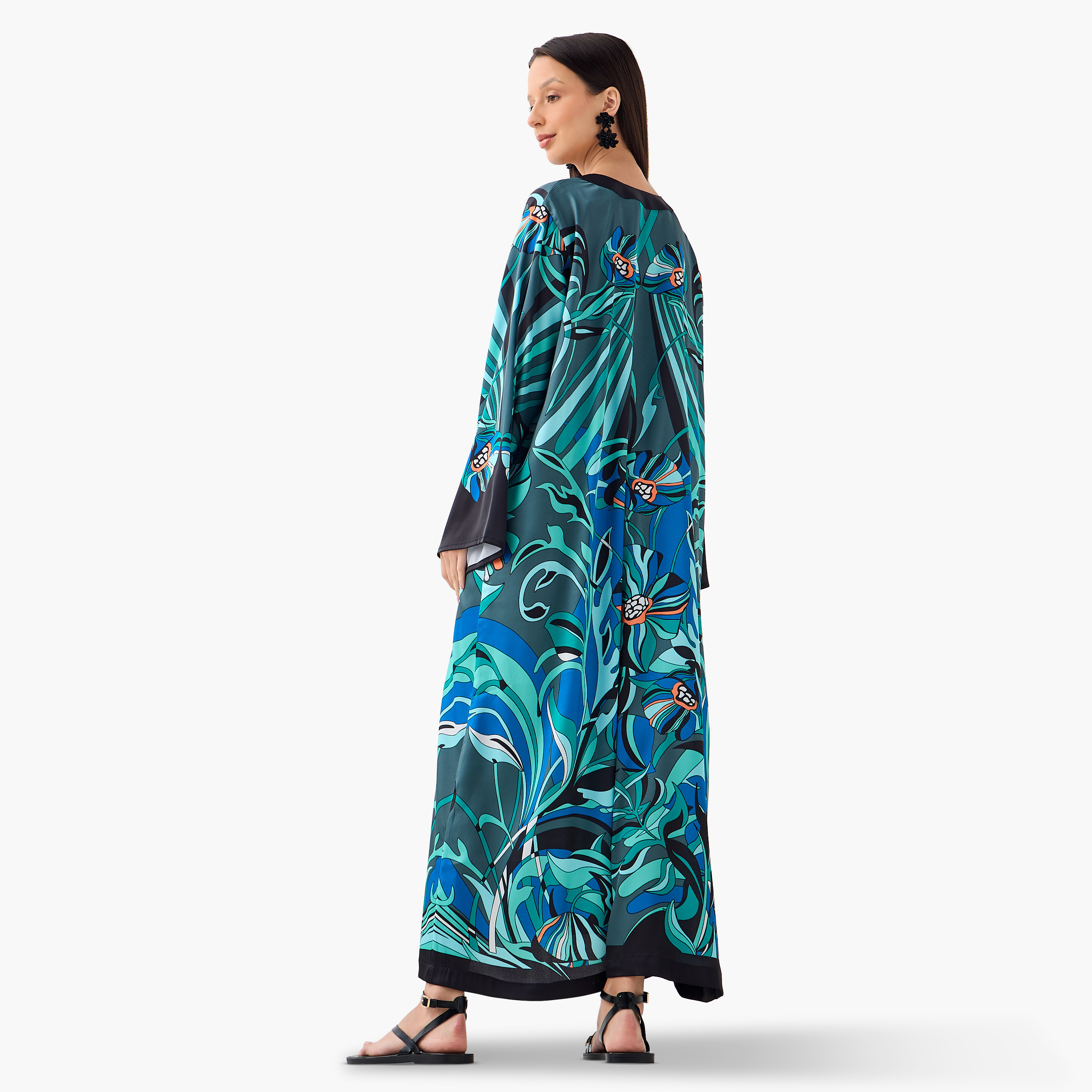 FYOR All-Over Tropical Print Split Neck Dress with Long Sleeves-women-clothing-dresses-image-3