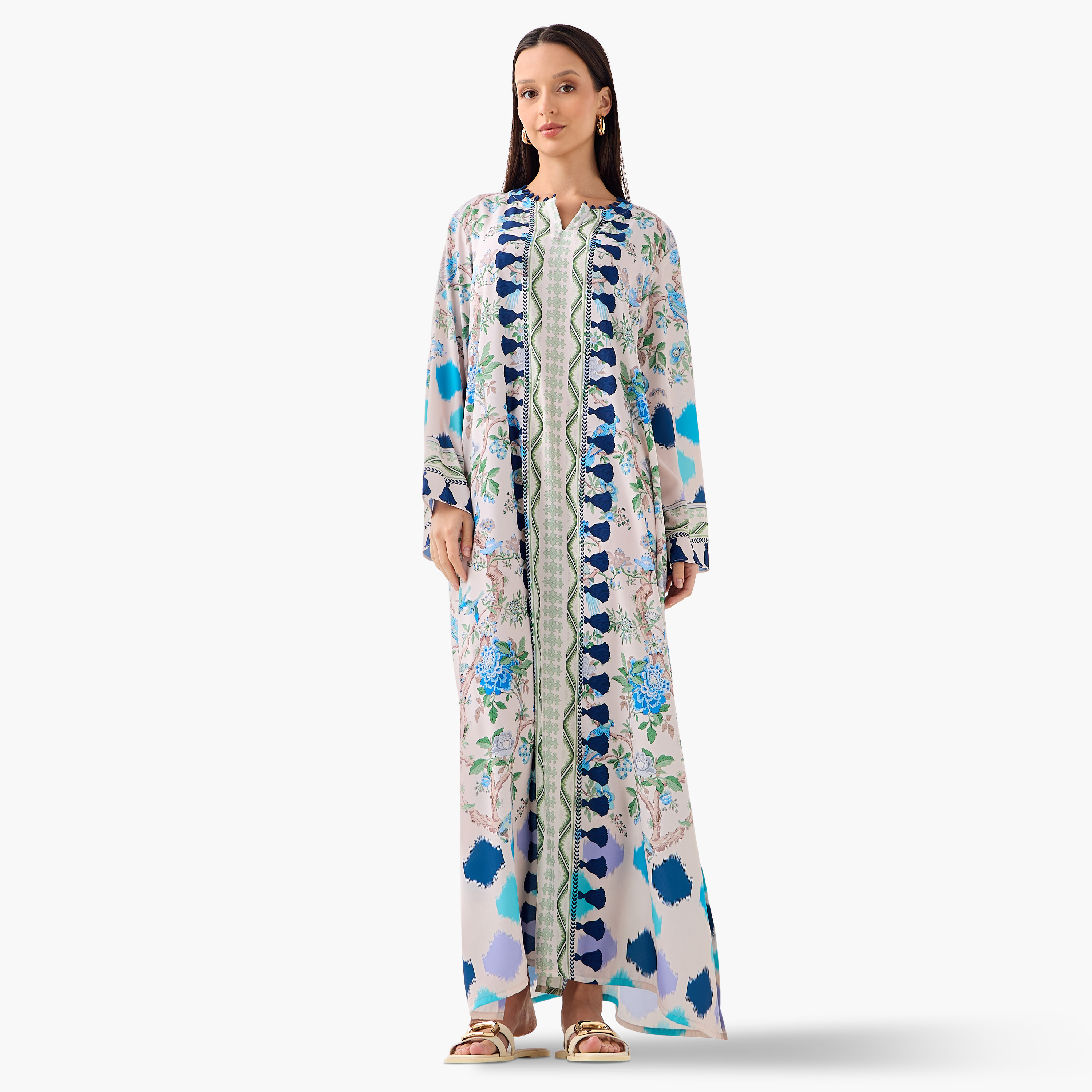FYOR All-Over Print Split Neck Dress with Long Sleeves-women-clothing-dresses-image-1