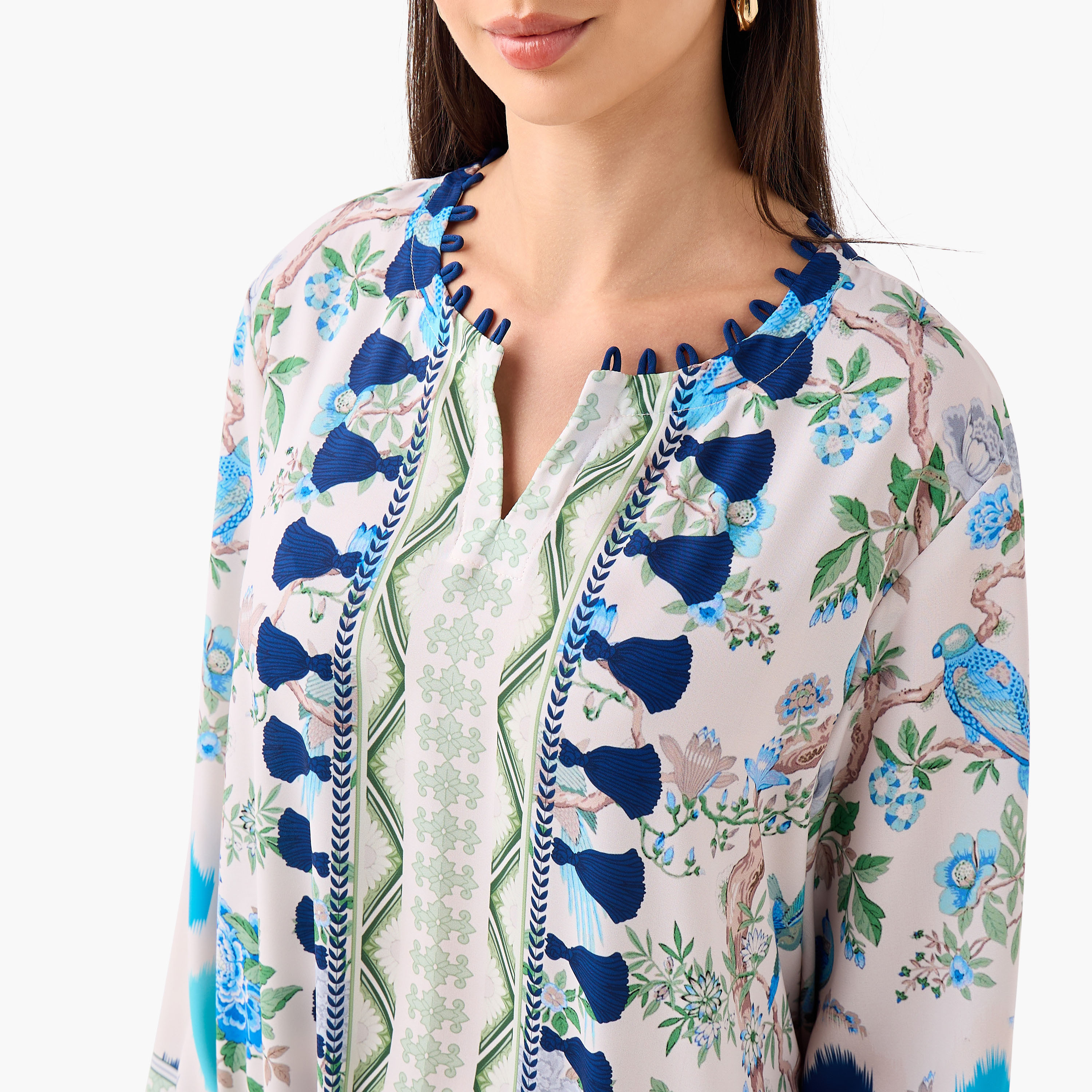 FYOR All-Over Print Split Neck Dress with Long Sleeves-women-clothing-dresses-image-4