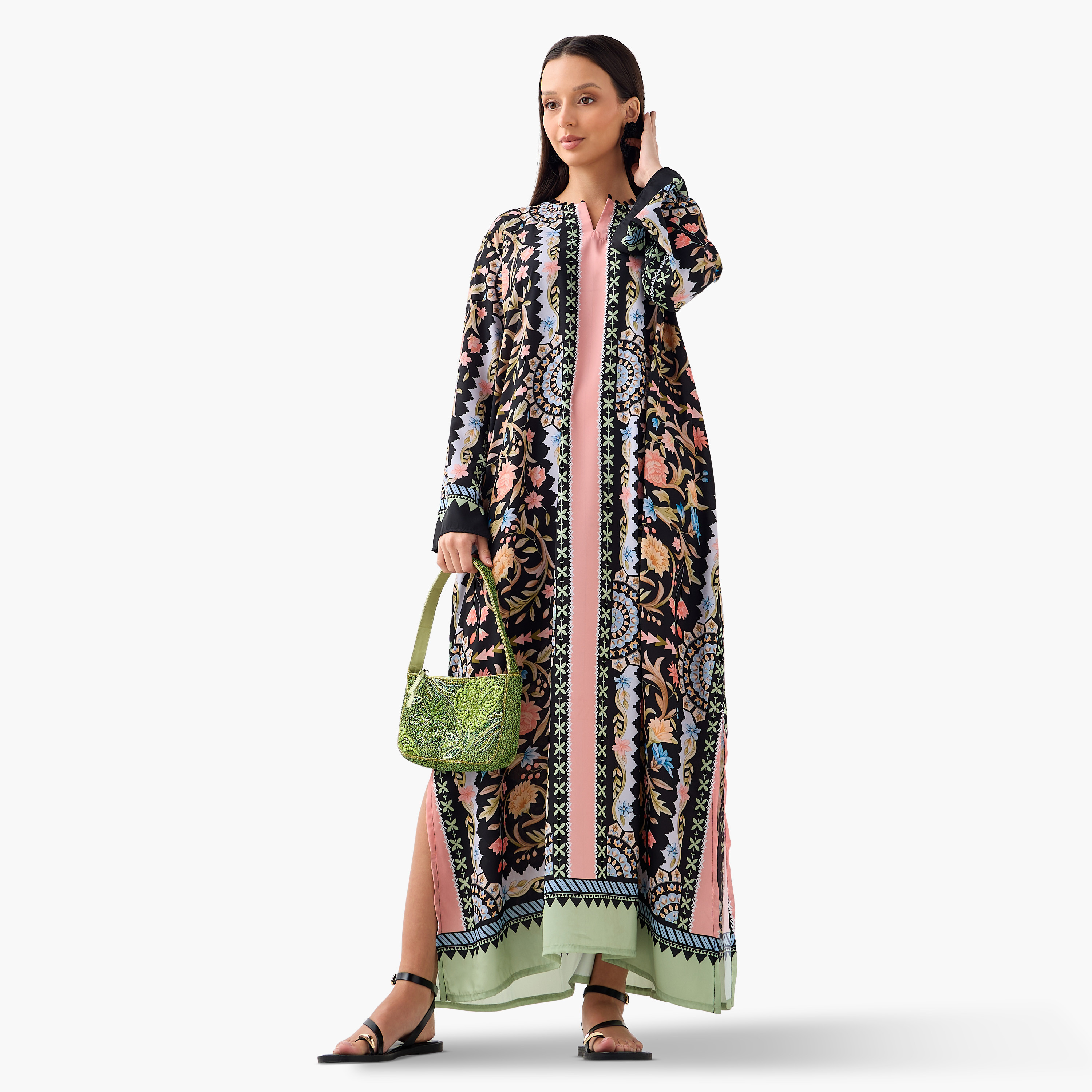 FYOR All-Over Print Split Neck Dress with Long Sleeves-women-clothing-dresses-image-1