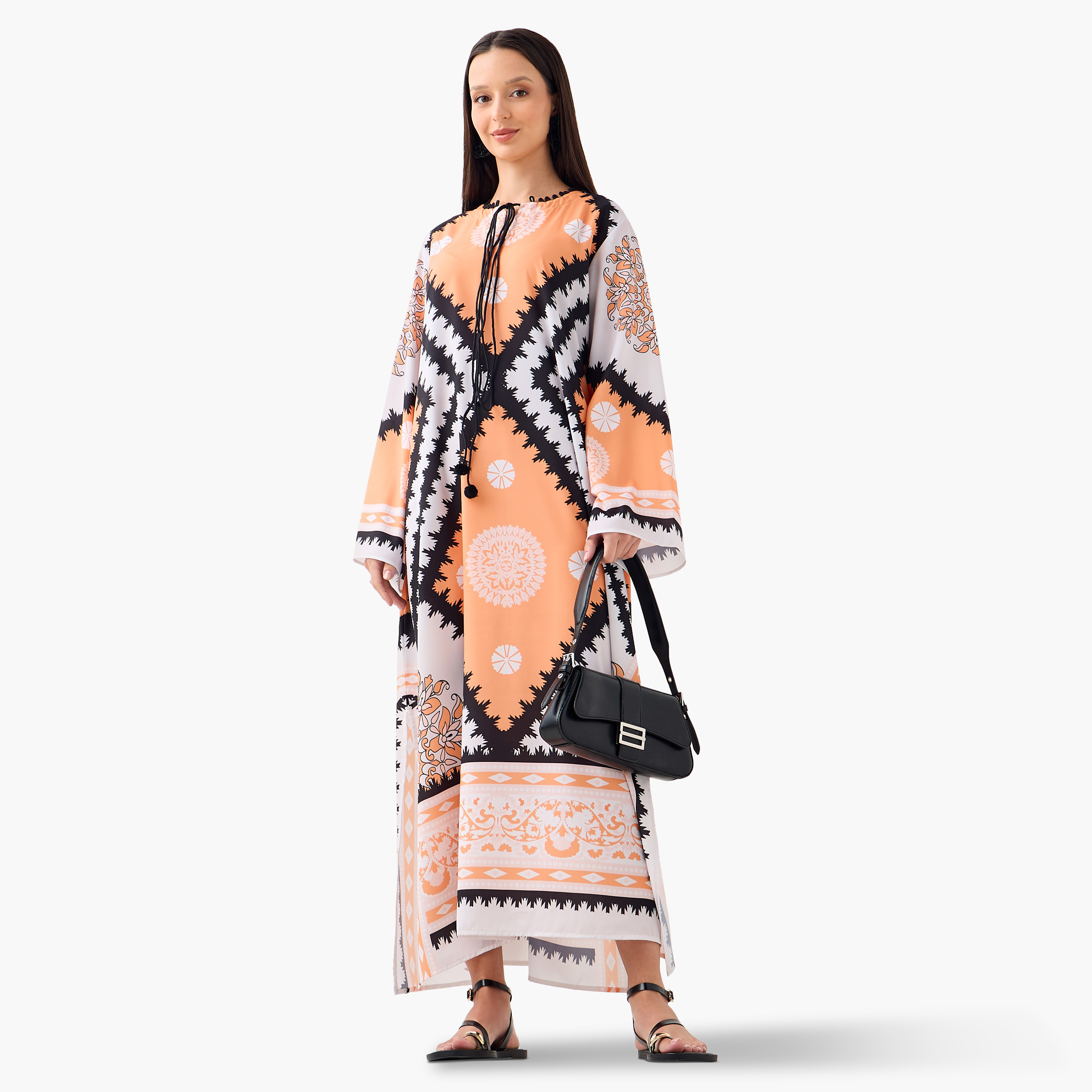 FYOR All-Over Print Dress with Tie-Ups and Long Sleeves-women-clothing-dresses-image-1
