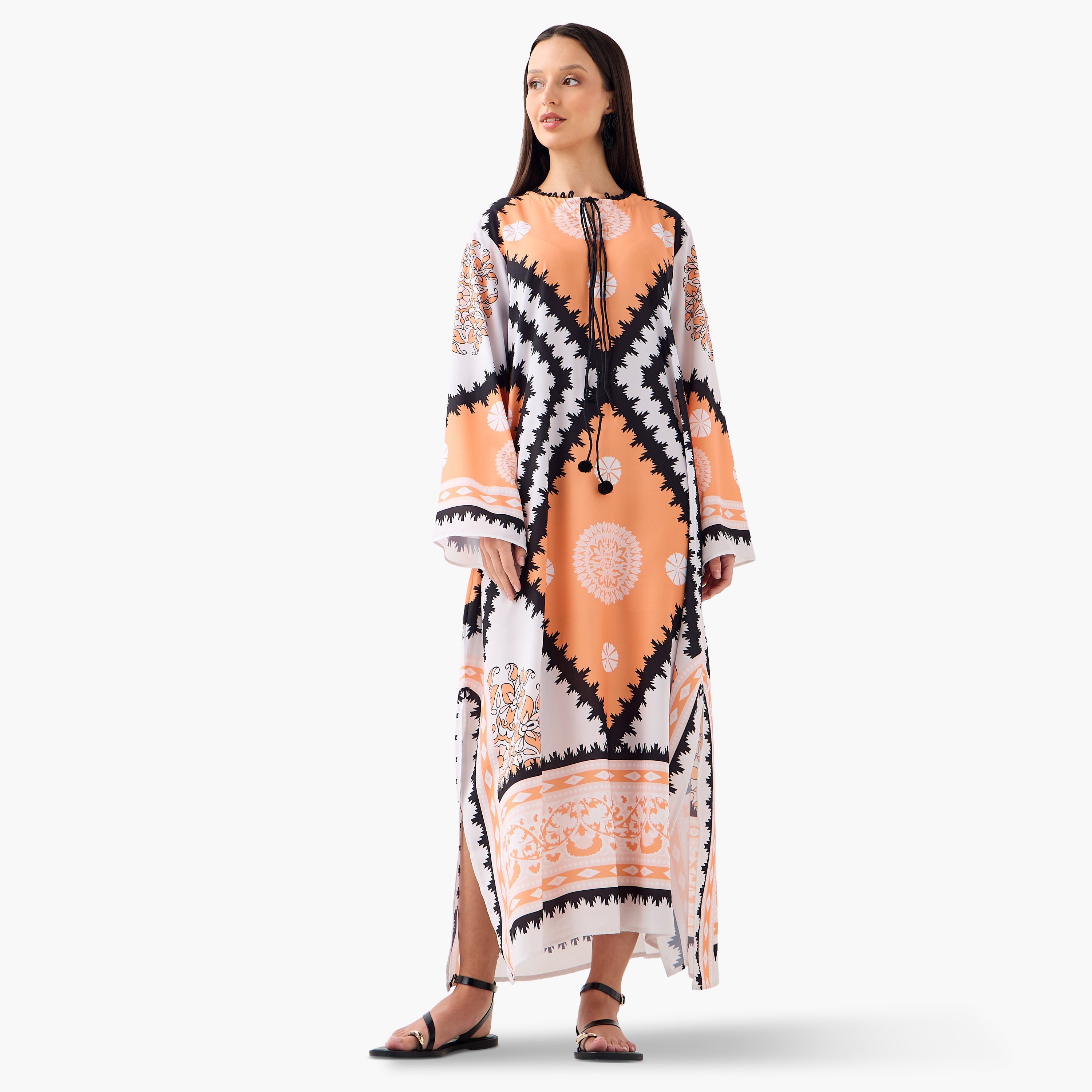 FYOR All-Over Print Dress with Tie-Ups and Long Sleeves-women-clothing-dresses-image-2
