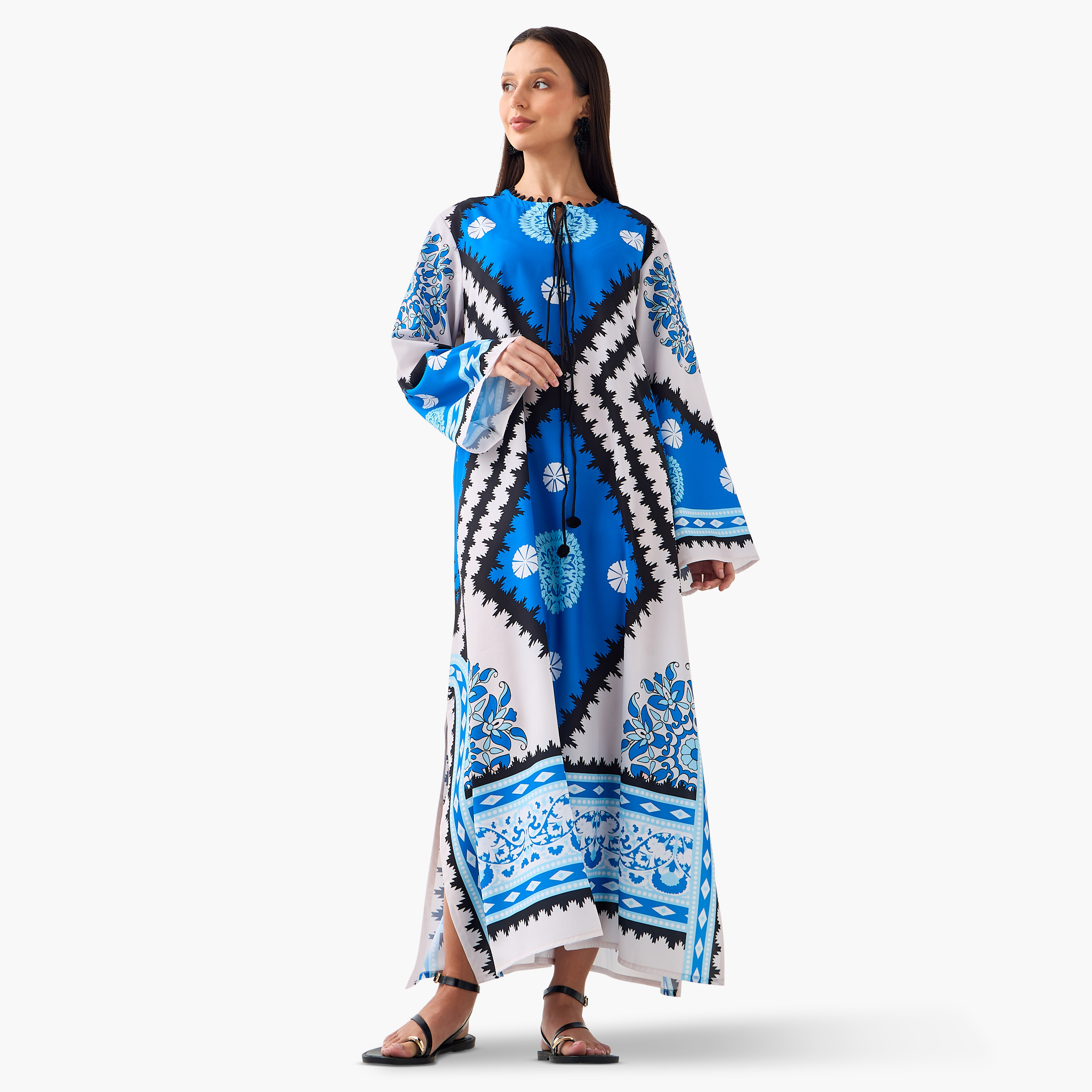 FYOR All-Over Print Dress with Slit and Long Sleeves-women-clothing-dresses-image-1