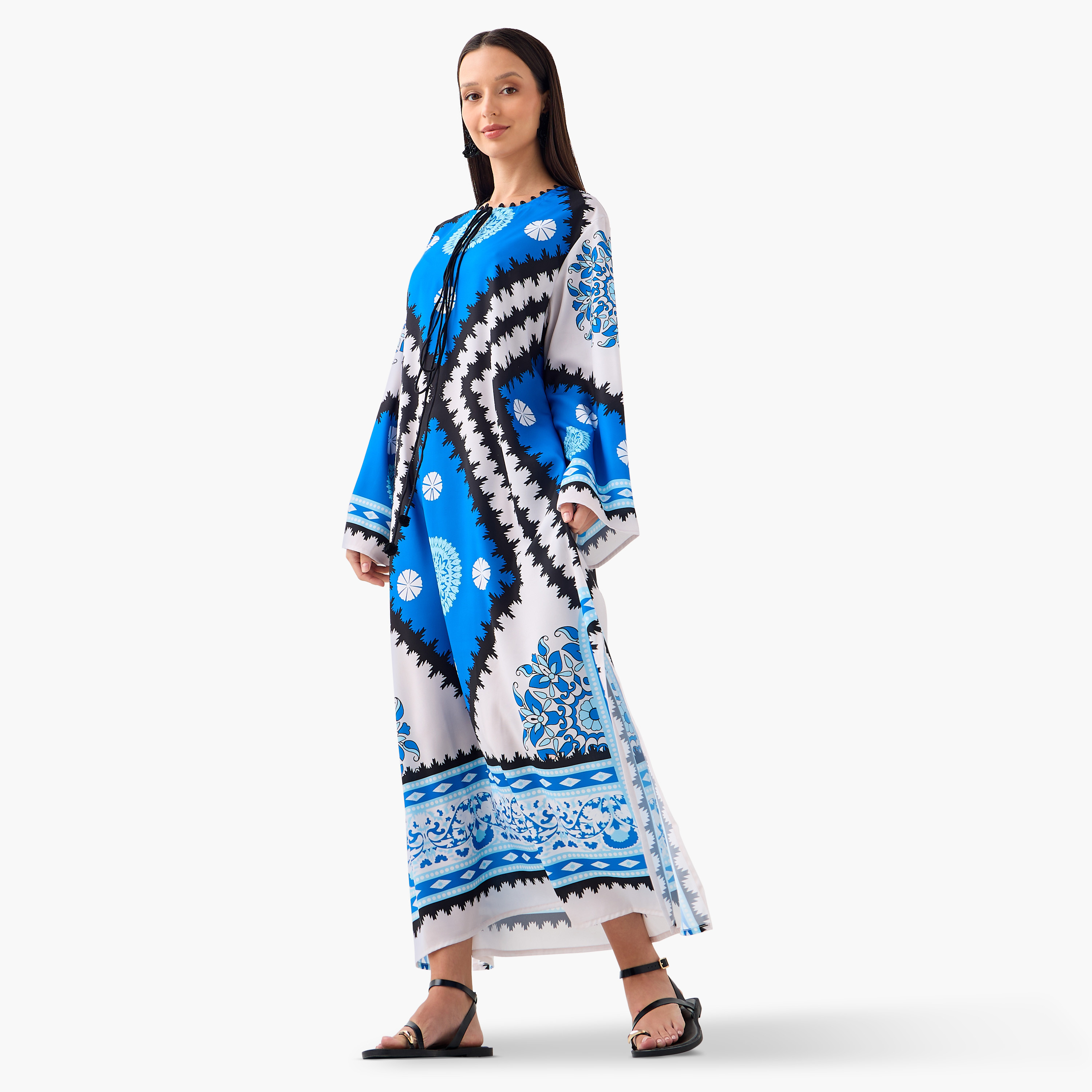 FYOR All-Over Print Dress with Slit and Long Sleeves-women-clothing-dresses-image-2