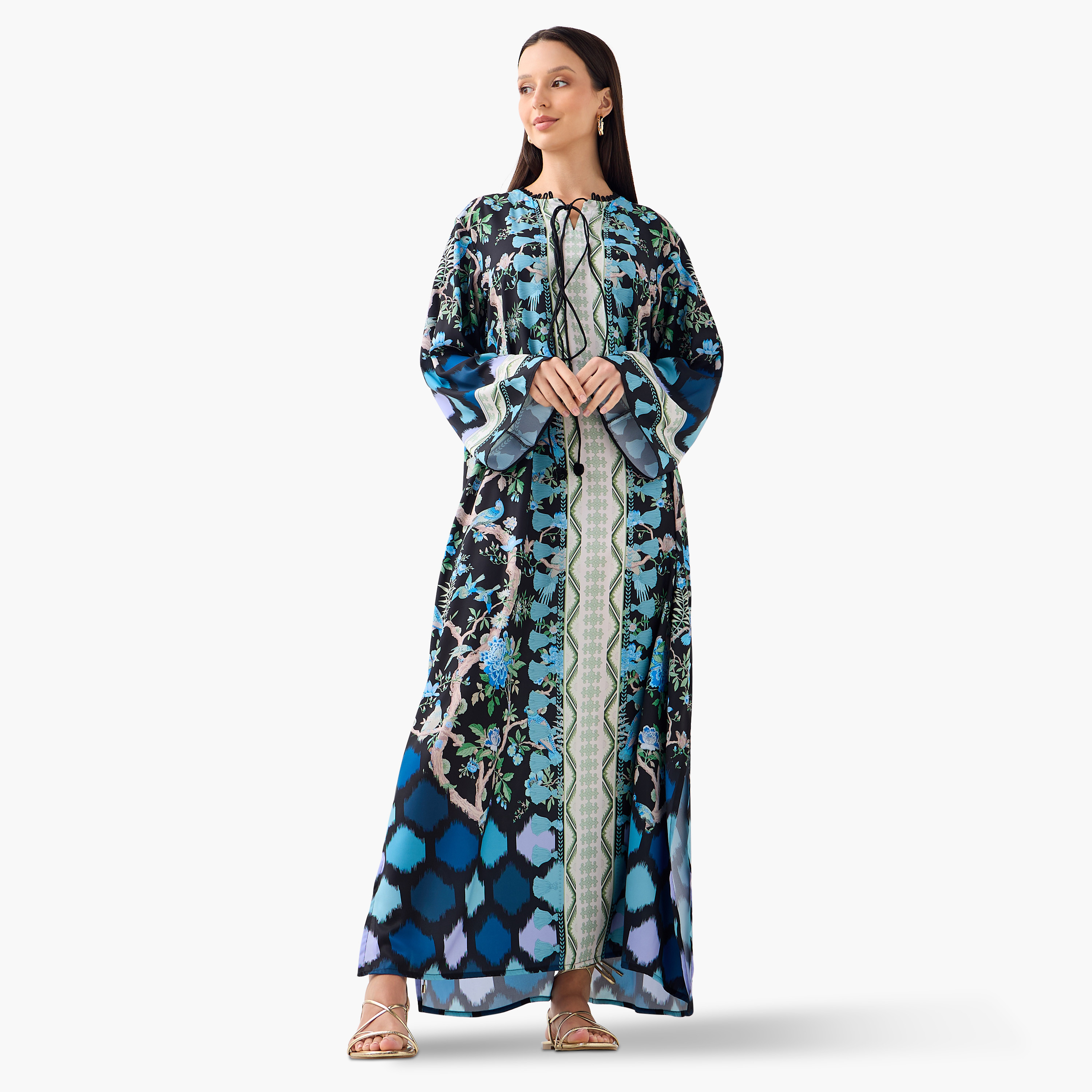 FYOR All-Over Botanical Print Dress with Tie-Ups and Long Sleeves-women-clothing-dresses-image-1
