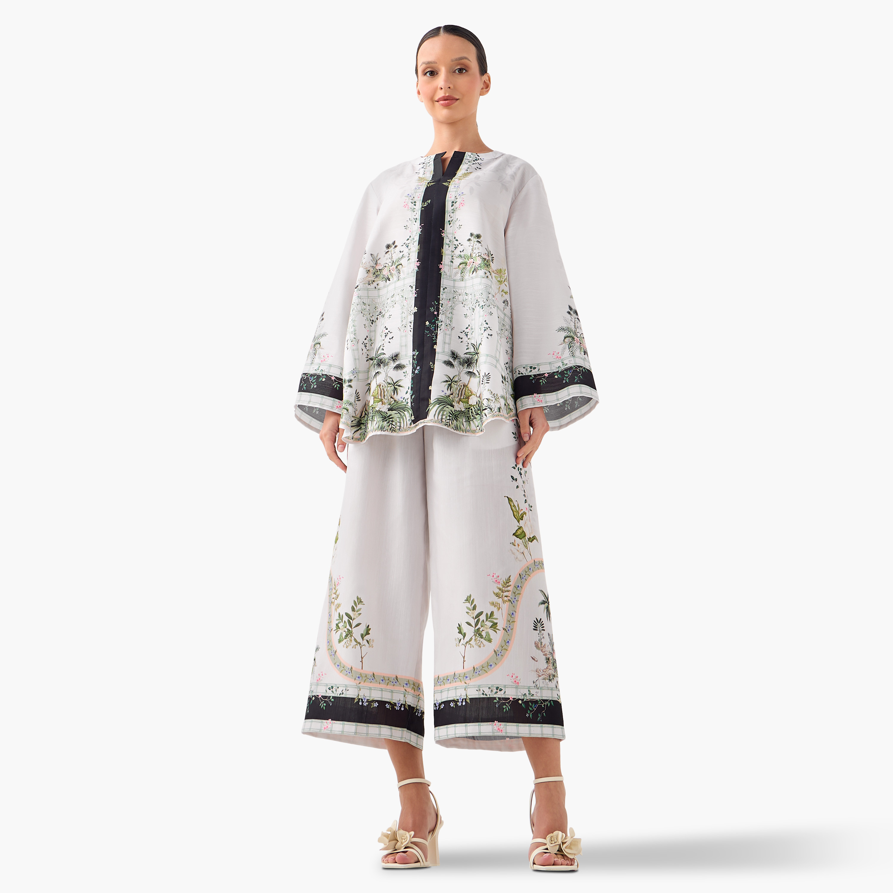 FYOR All-Over Print Split Neck Top and Culottes Set-women-clothing-coordsets-image-1