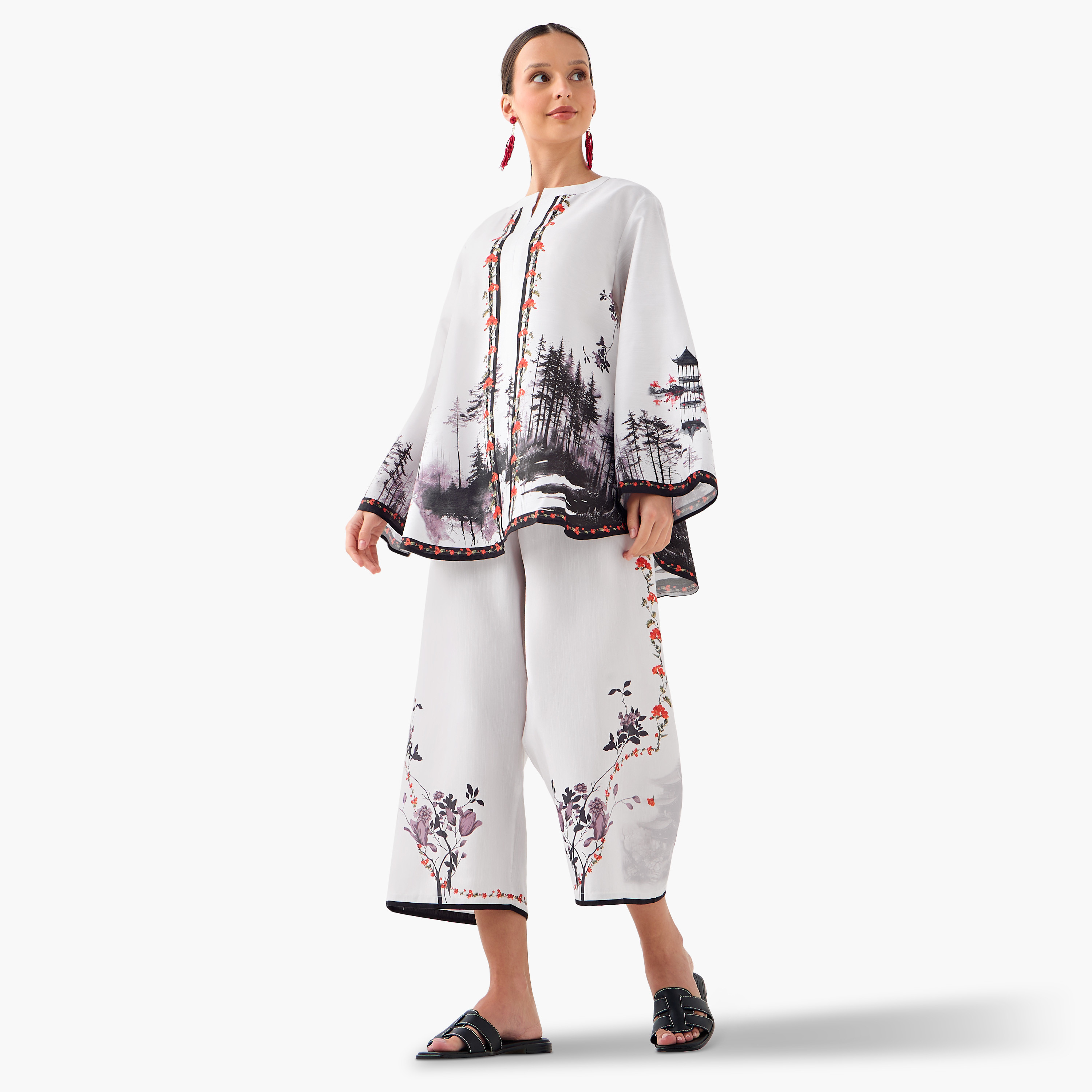 FYOR All-Over Print Split Neck Top and Culottes Set-women-clothing-coordsets-image-1