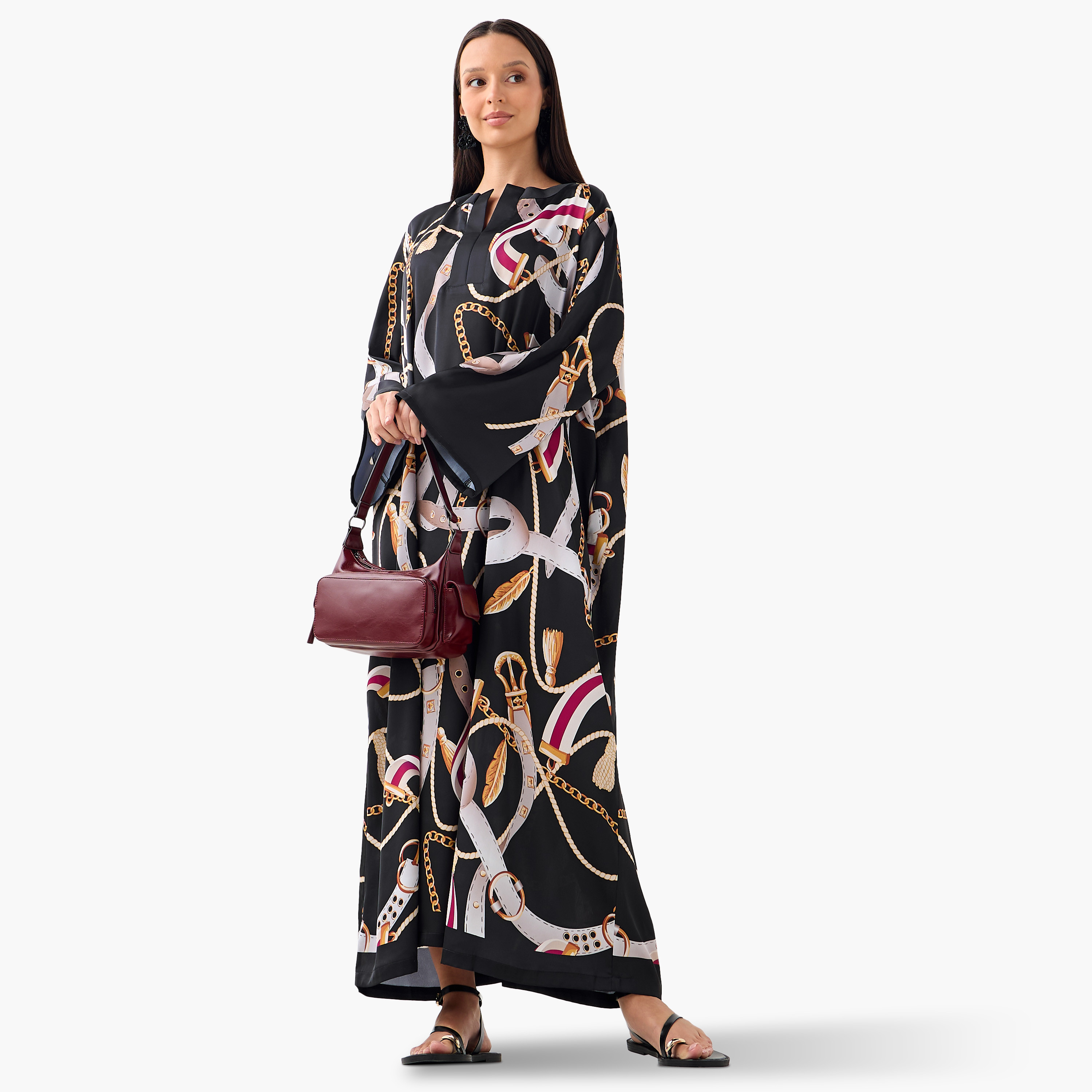 FYOR All-Over Print Split Neck Dress with Long Sleeves-women-clothing-dresses-image-1