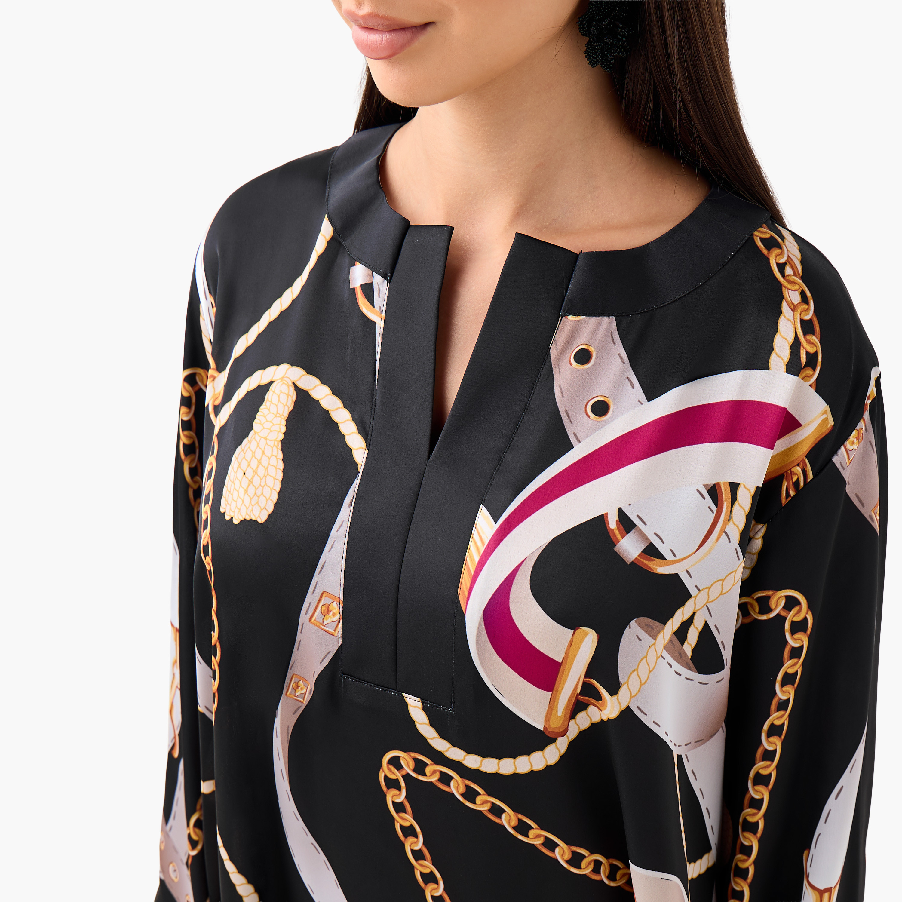 FYOR All-Over Print Split Neck Dress with Long Sleeves-women-clothing-dresses-image-4