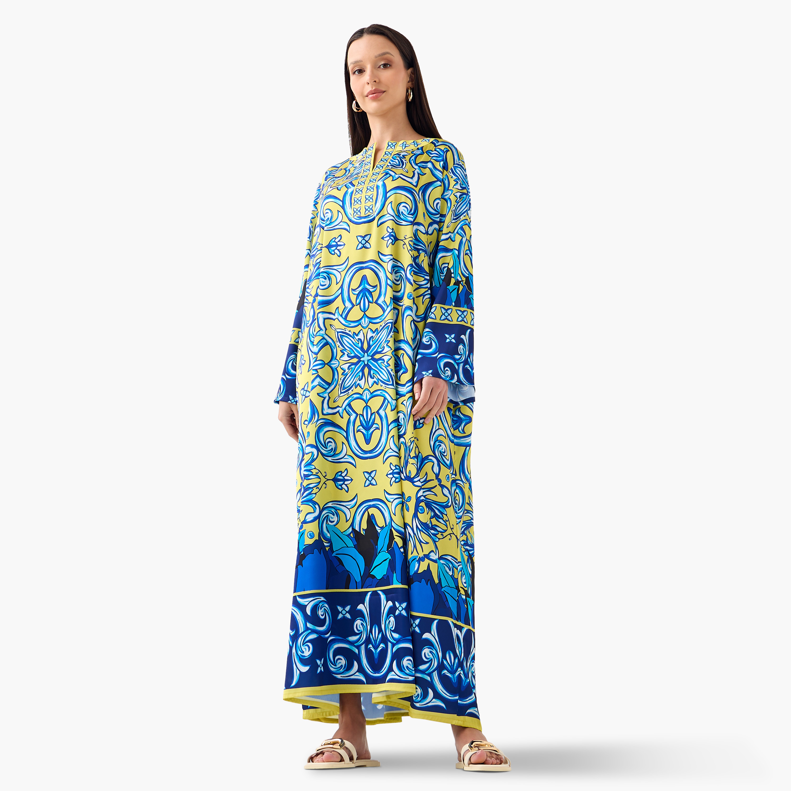 فستان بياقة مشقوقة وأكمام طويلة وطبعات من فيور-women-clothing-dresses-image-1