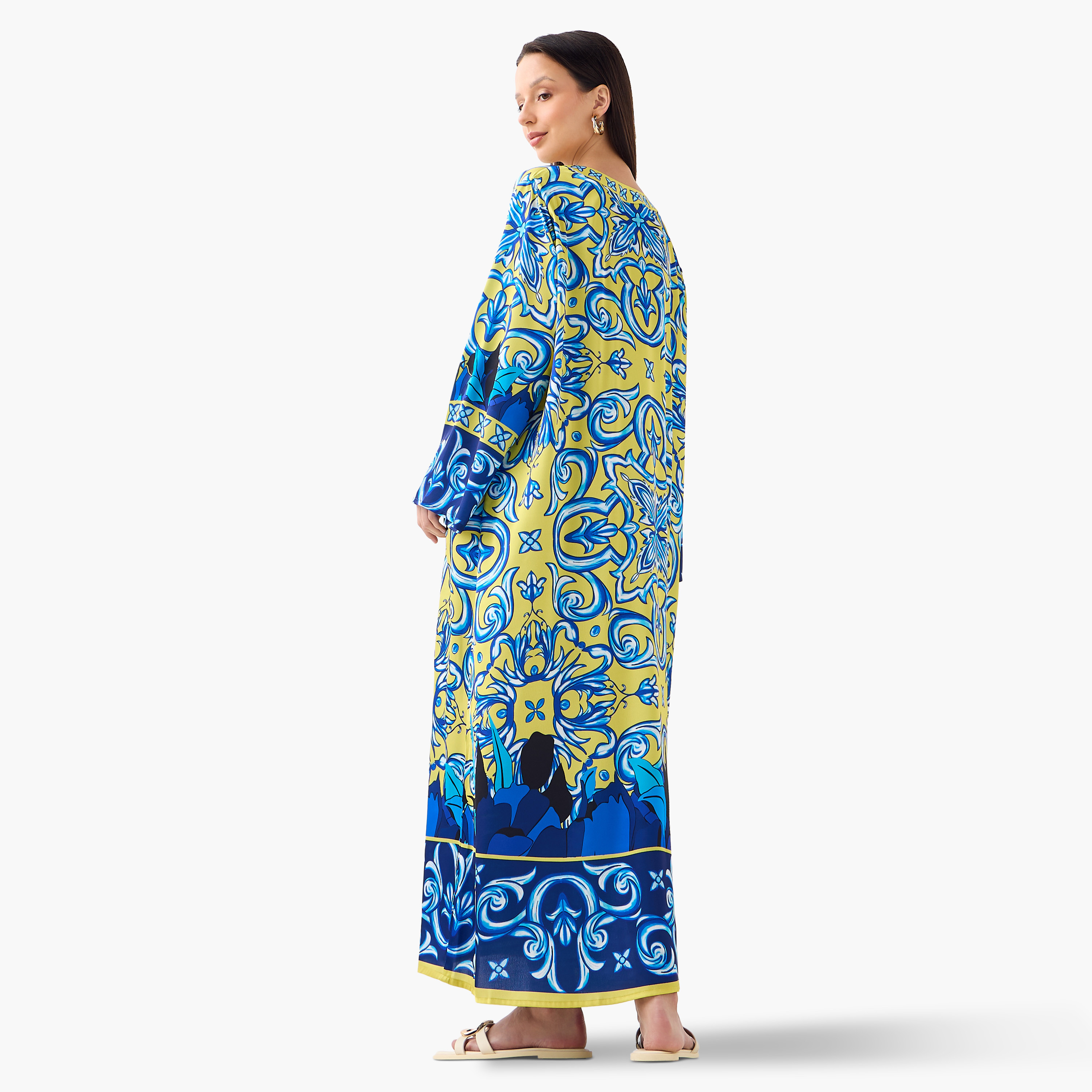 FYOR All-Over Print Split Neck Dress with Long Sleeves-women-clothing-dresses-image-3