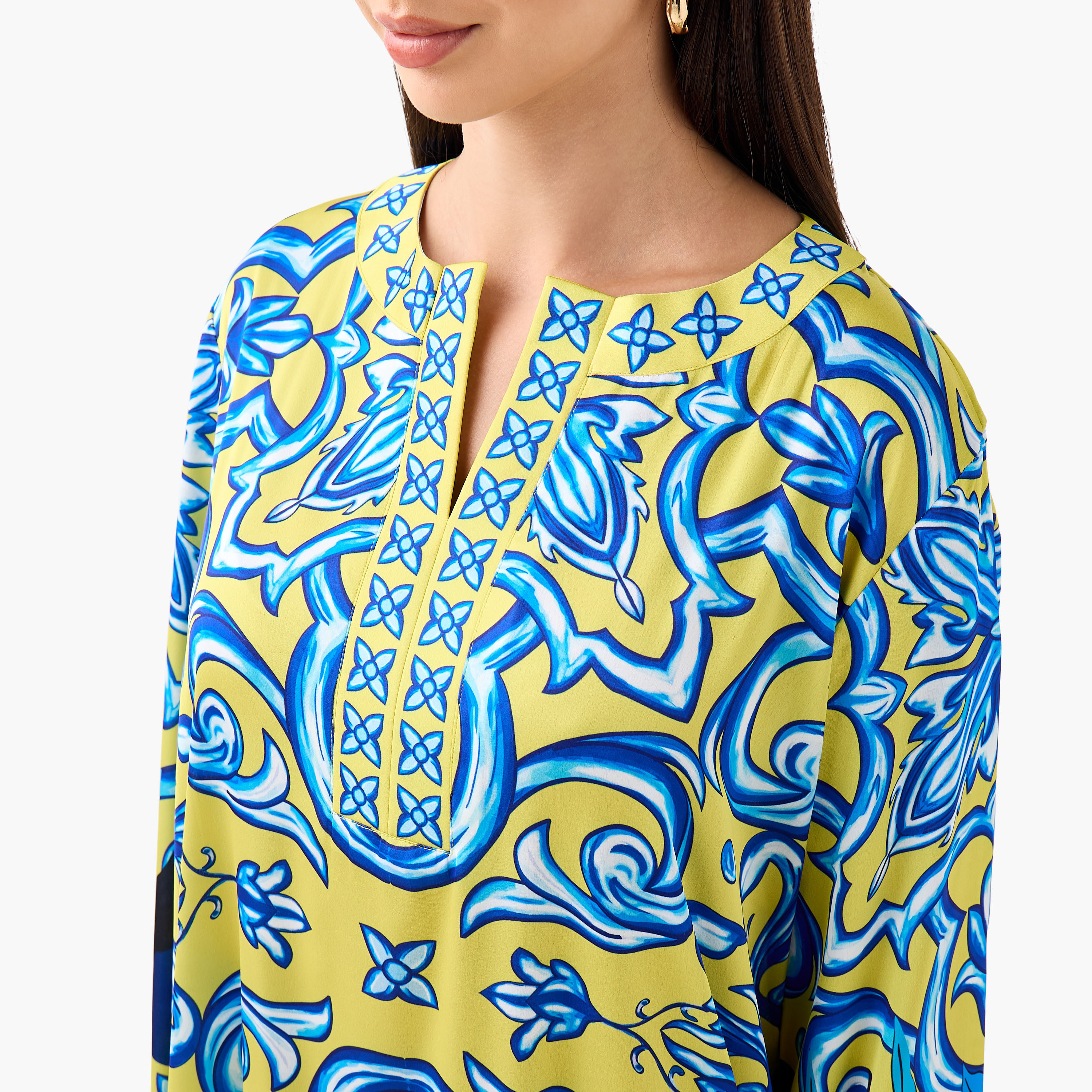 FYOR All-Over Print Split Neck Dress with Long Sleeves-women-clothing-dresses-image-4
