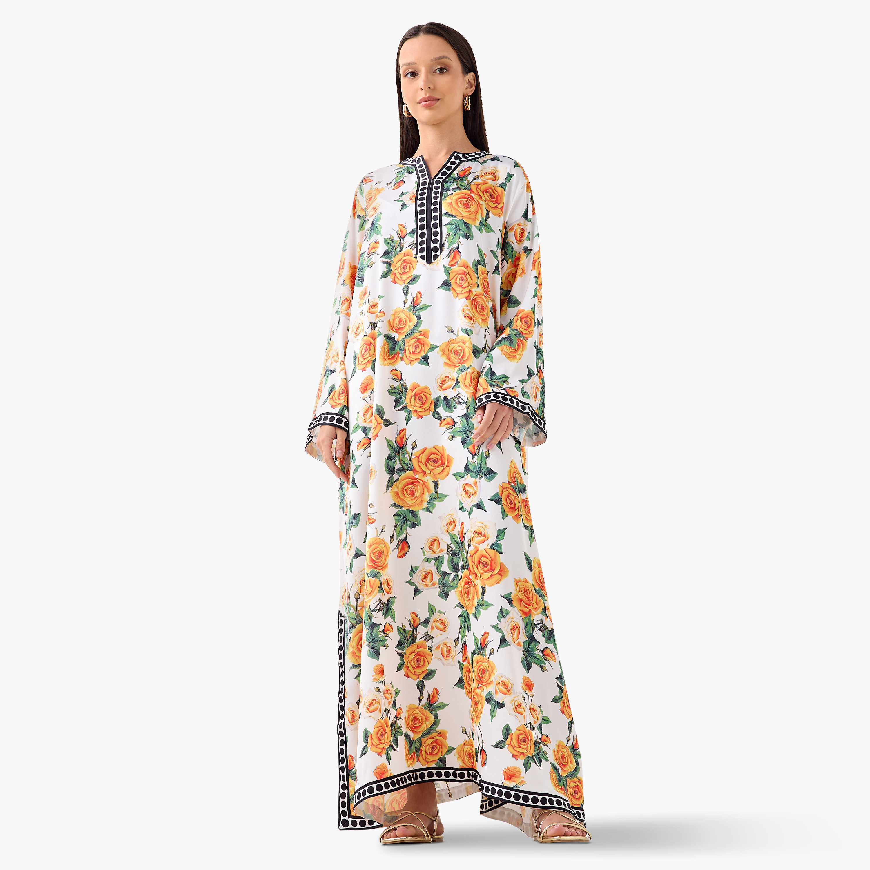 FYOR All-Over Floral Print Split Neck Dress with Long Sleeves and Slit-women-clothing-dresses-image-1