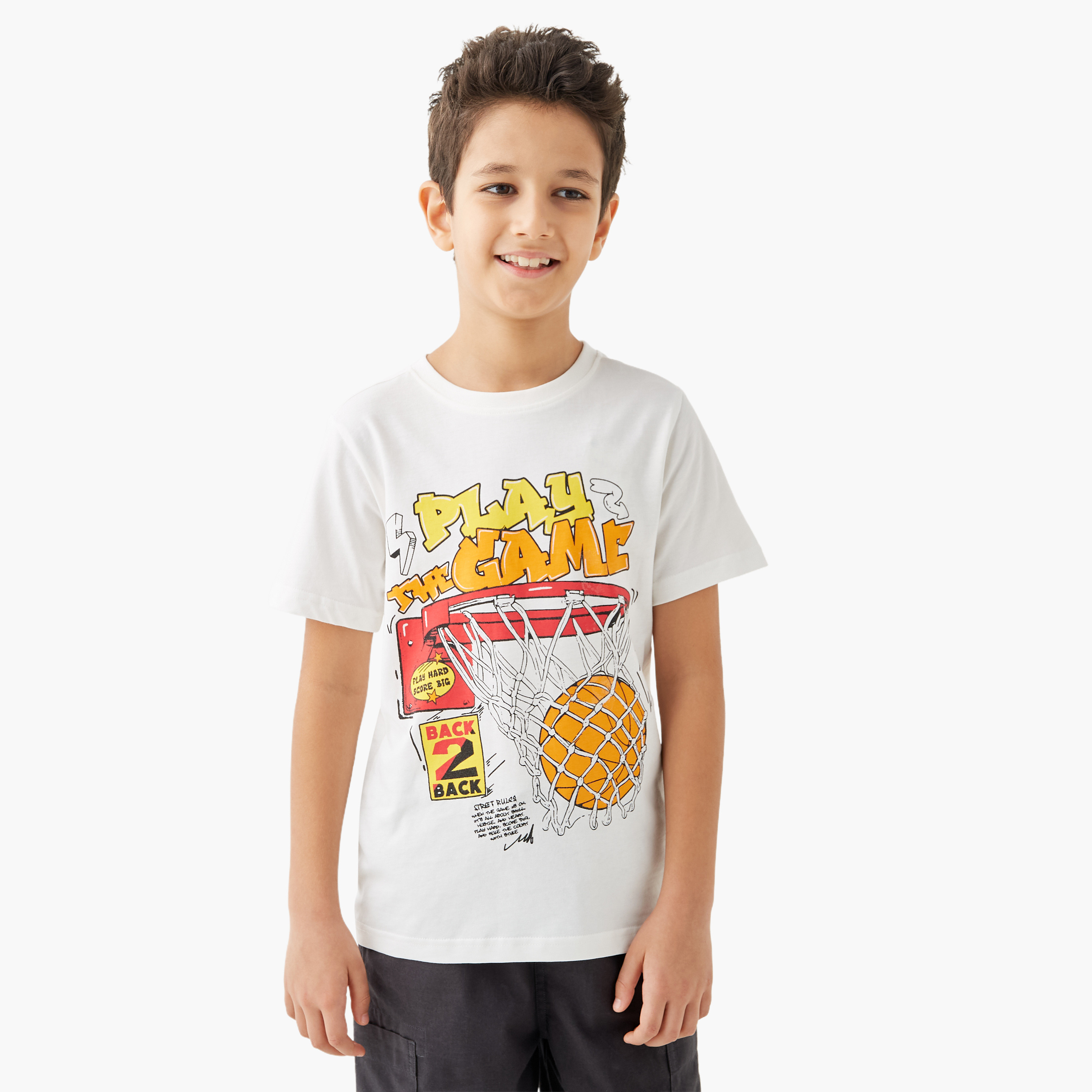 Juniors Basketball Print T-shirt with Crew Neck and Short Sleeves-boys-clothing-tshirtsandpolos-image-1