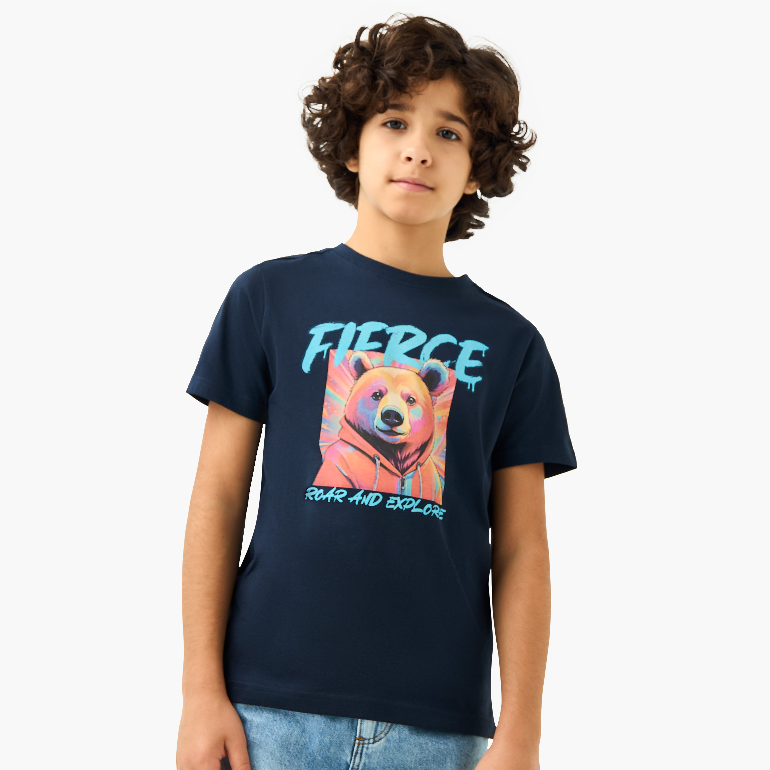 Juniors Bear Print T-Shirt with Short Sleeves-boys-clothing-tshirtsandpolos-image-1